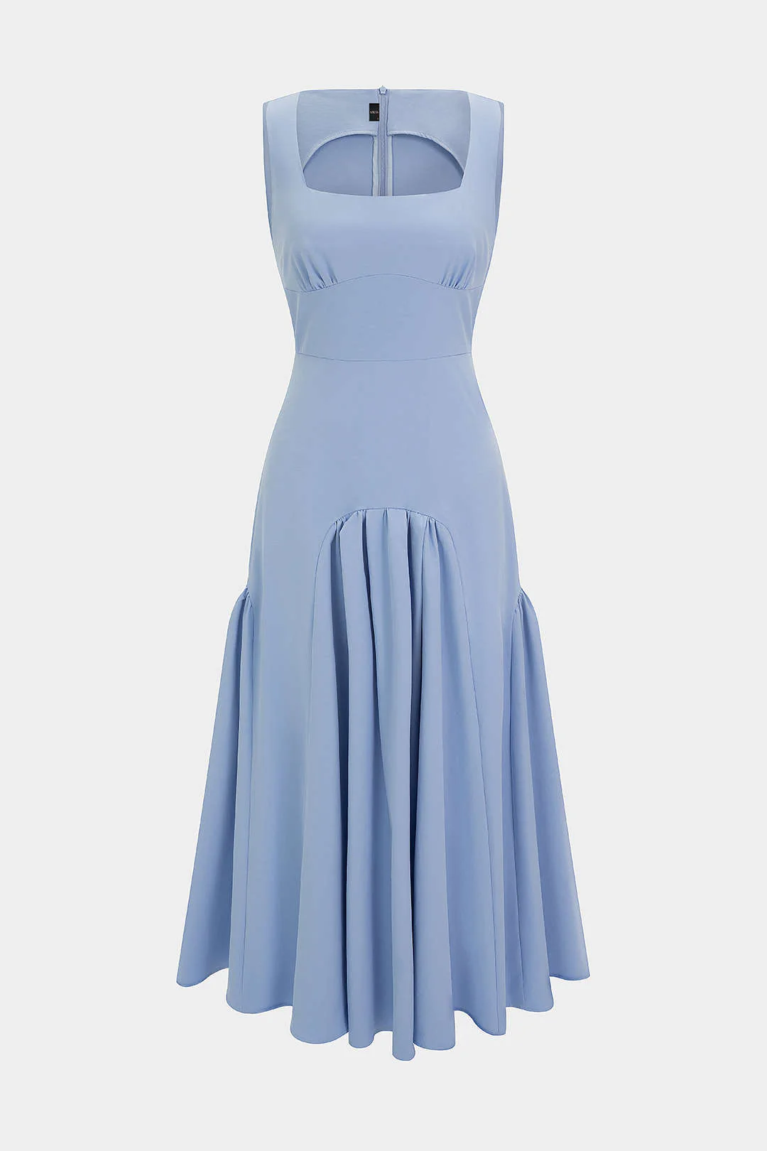 Solid Square Neck Ruched Zipper Sleeveless Midi Dress