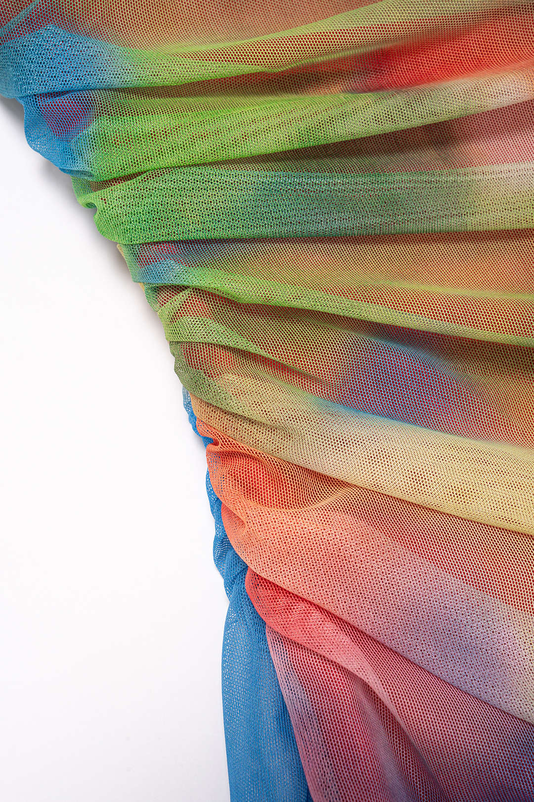Multicolor Abstract Print Mesh Patchwork Lace Trim Asymmetrical Ruched Sleeveless Maxi Dress - Image 7