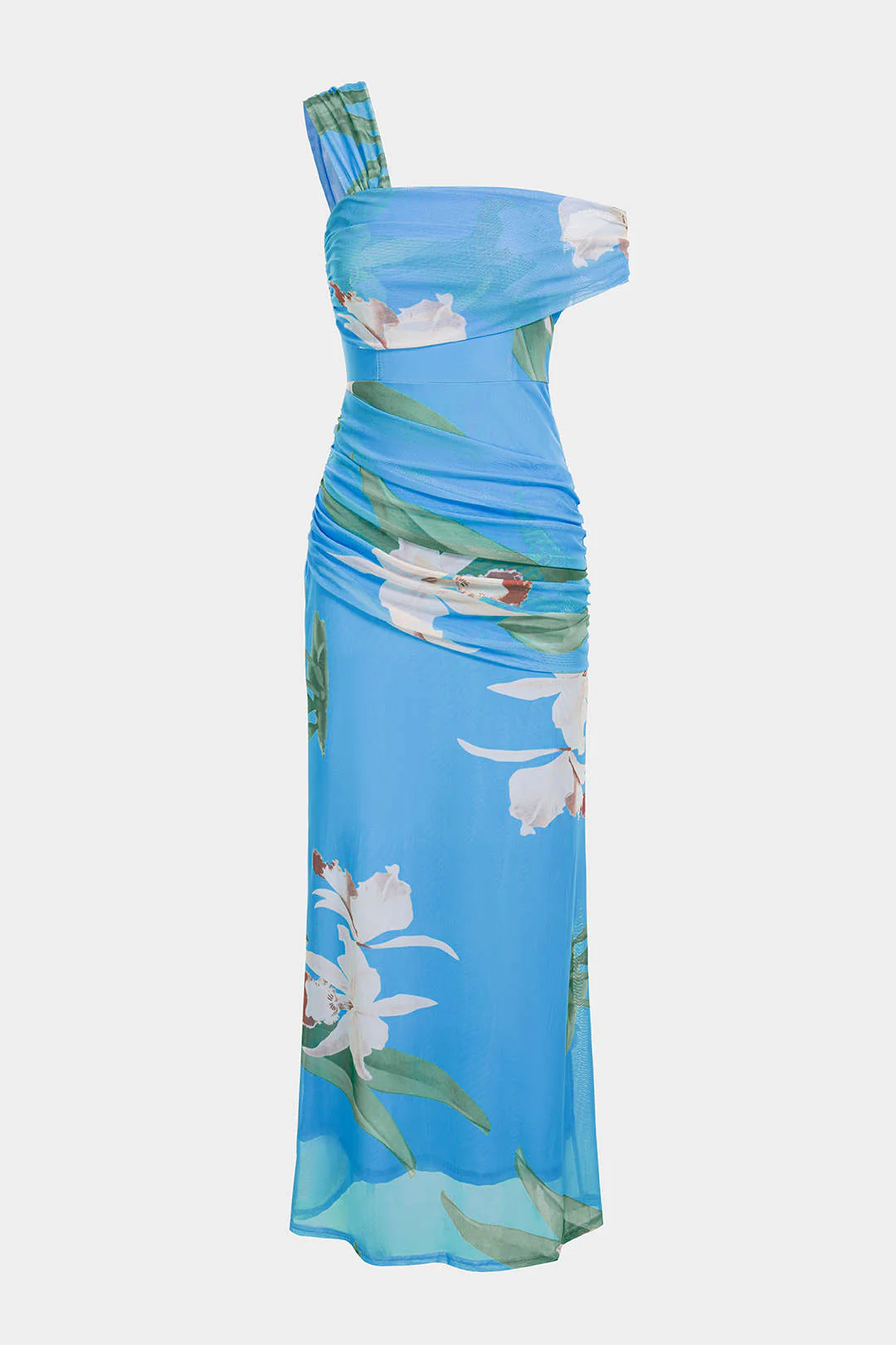 Floral Print Mesh Patchwork One Shoulder Strapless Sleeveless Maxi Dress