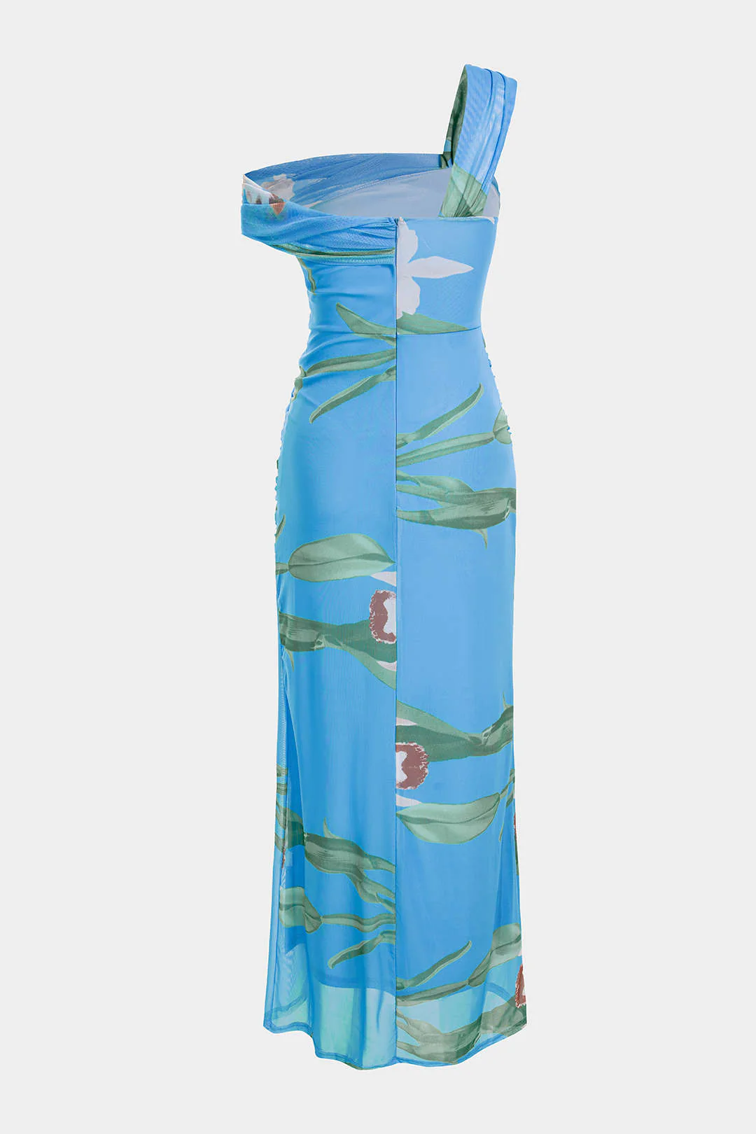 Floral Print Mesh Patchwork One Shoulder Strapless Sleeveless Maxi Dress - Image 2