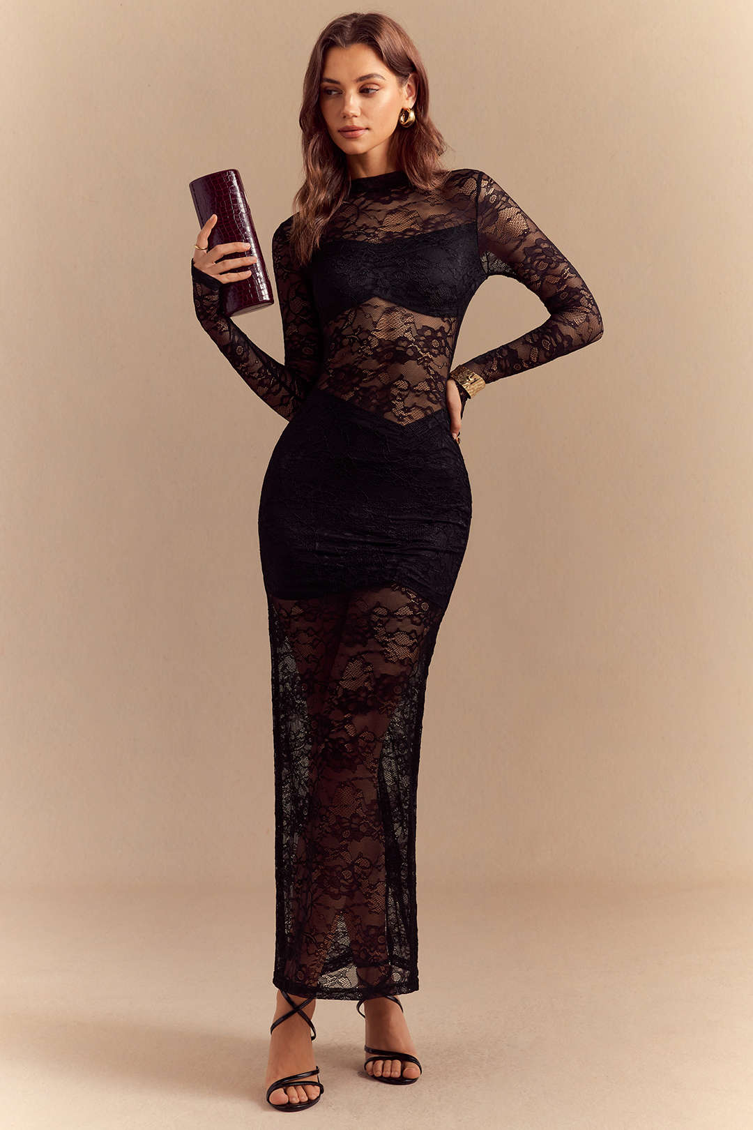 Lace Mock Neck Ruched Slit Long Sleeve Maxi Dress
