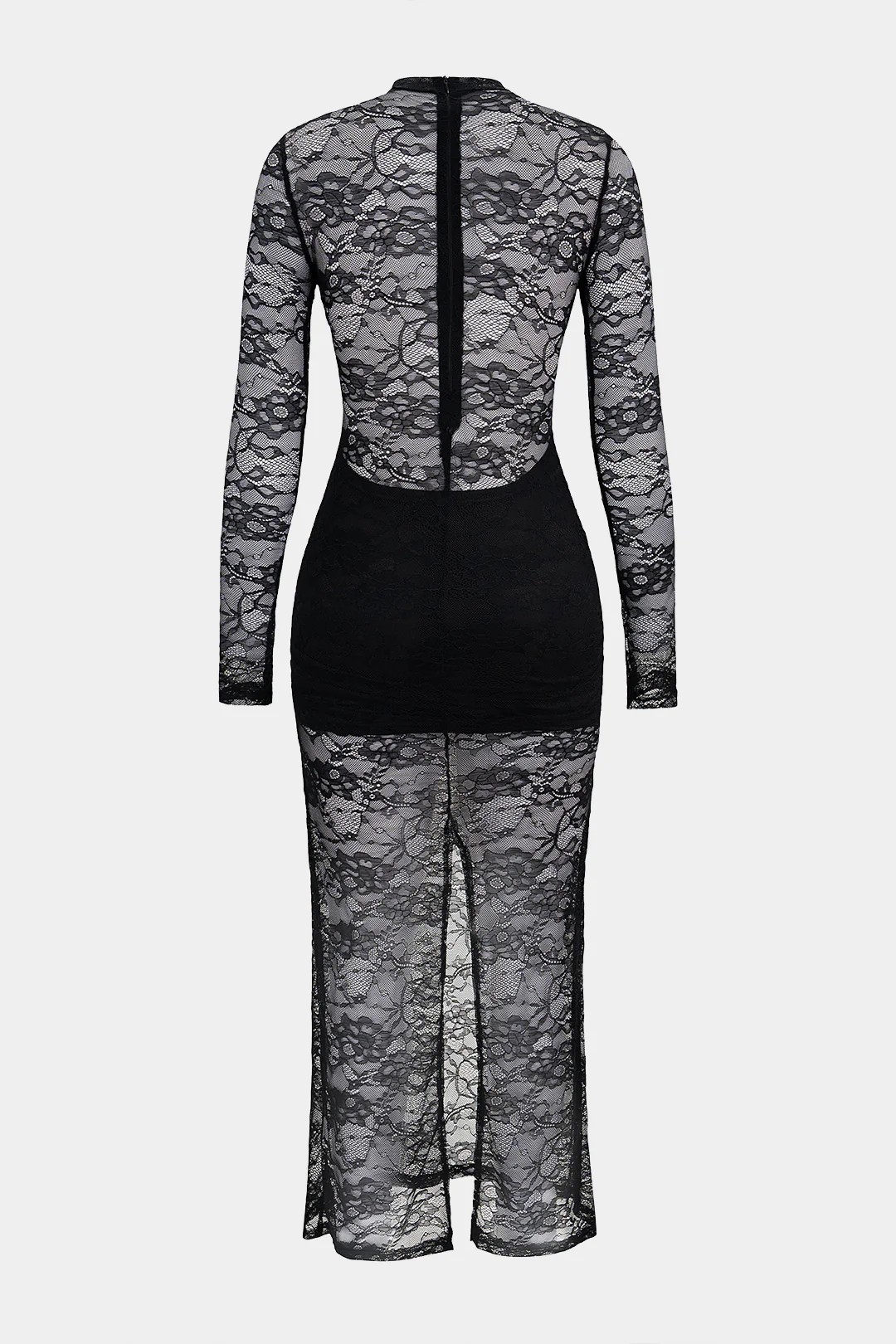 Lace Mock Neck Ruched Slit Long Sleeve Maxi Dress - Image 8