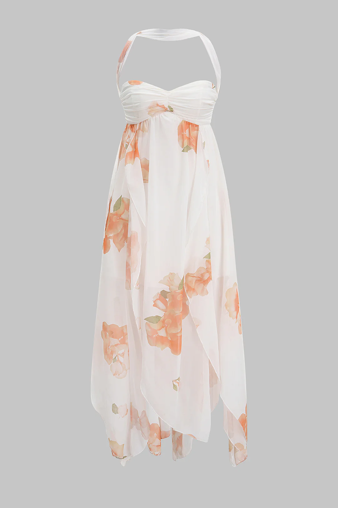 Floral Print Halter Neck Backless Asymmetrical Hem Sleeveless Maxi Dress