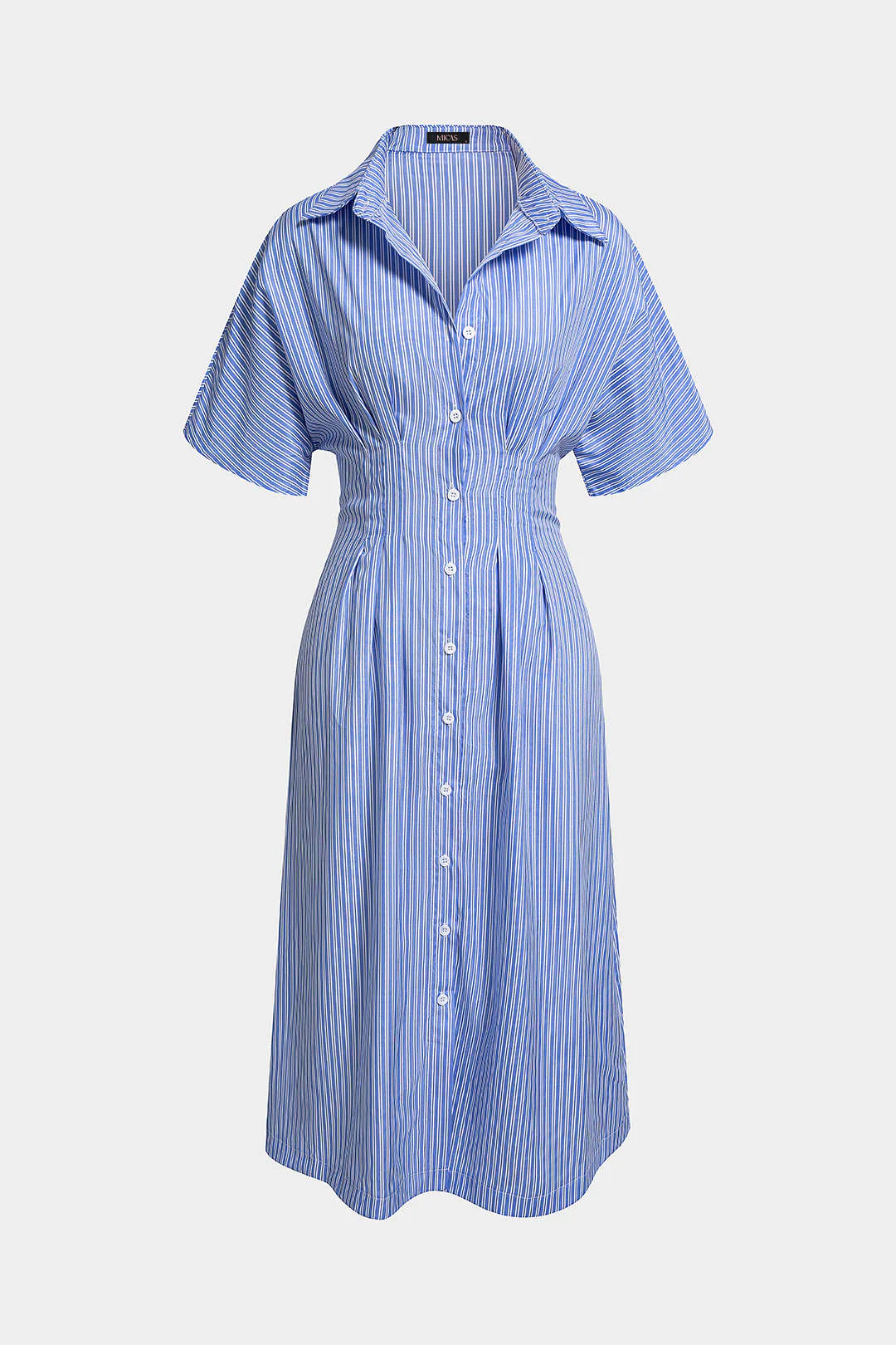 Stripes Print Lapel Button Pleated Short Sleeve Maxi Dress