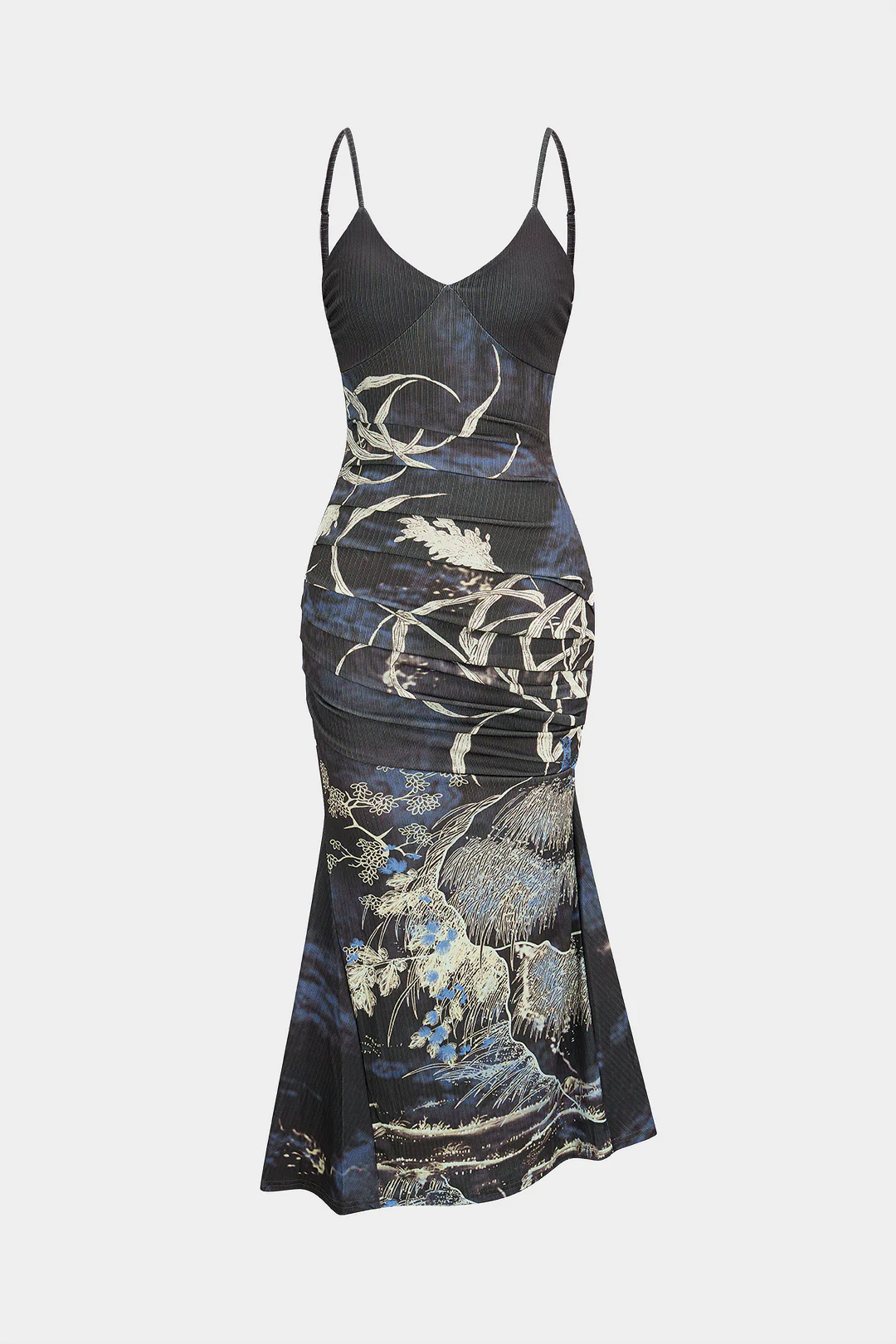 Floral Print Mesh Ruched Slip Sleeveless Maxi Dress