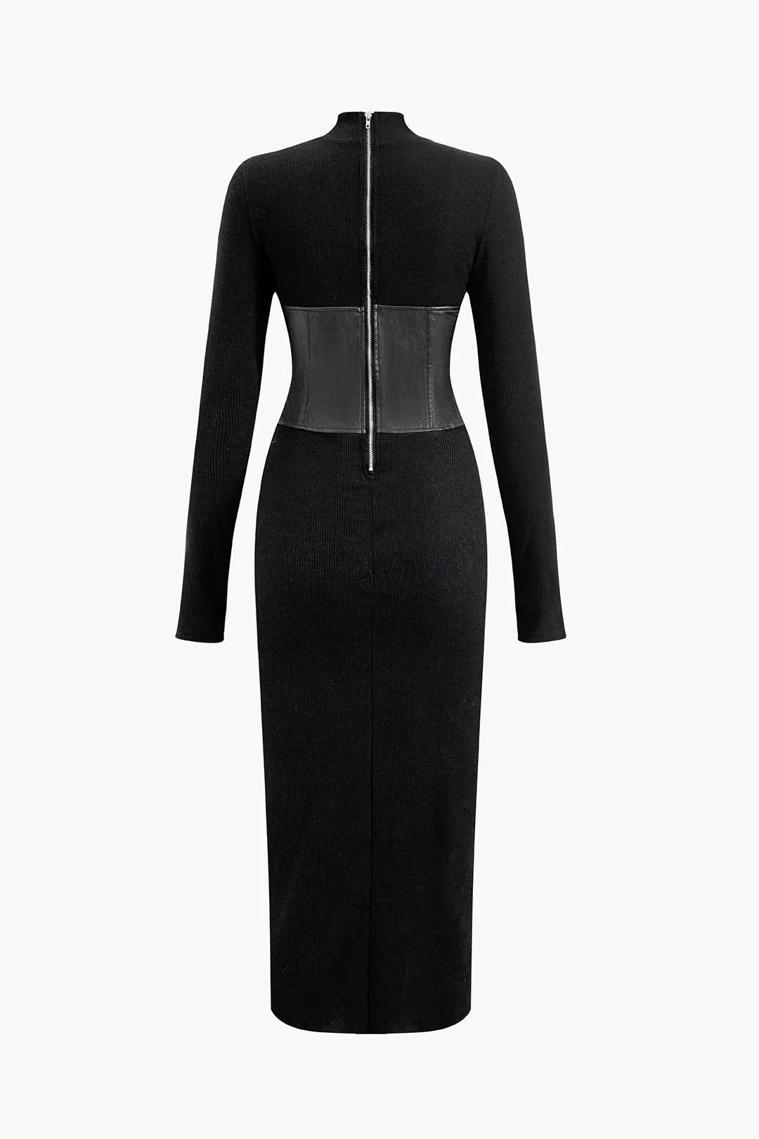 Solid Faux Leather Patchwork Midi Dress - Image 2