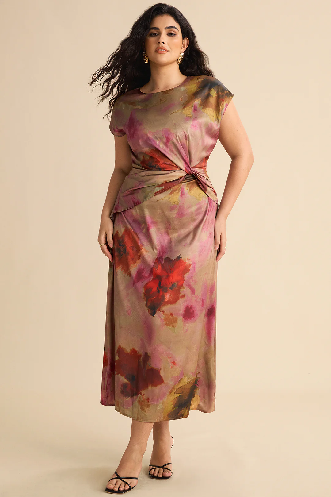 Plus Size Ombre Print Ruched Short Sleeve Midi Dress - Image 6