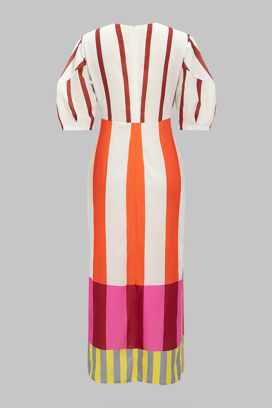 Stripes Print Linen Hollow Out Short Sleeve Midi Dress - Image 2