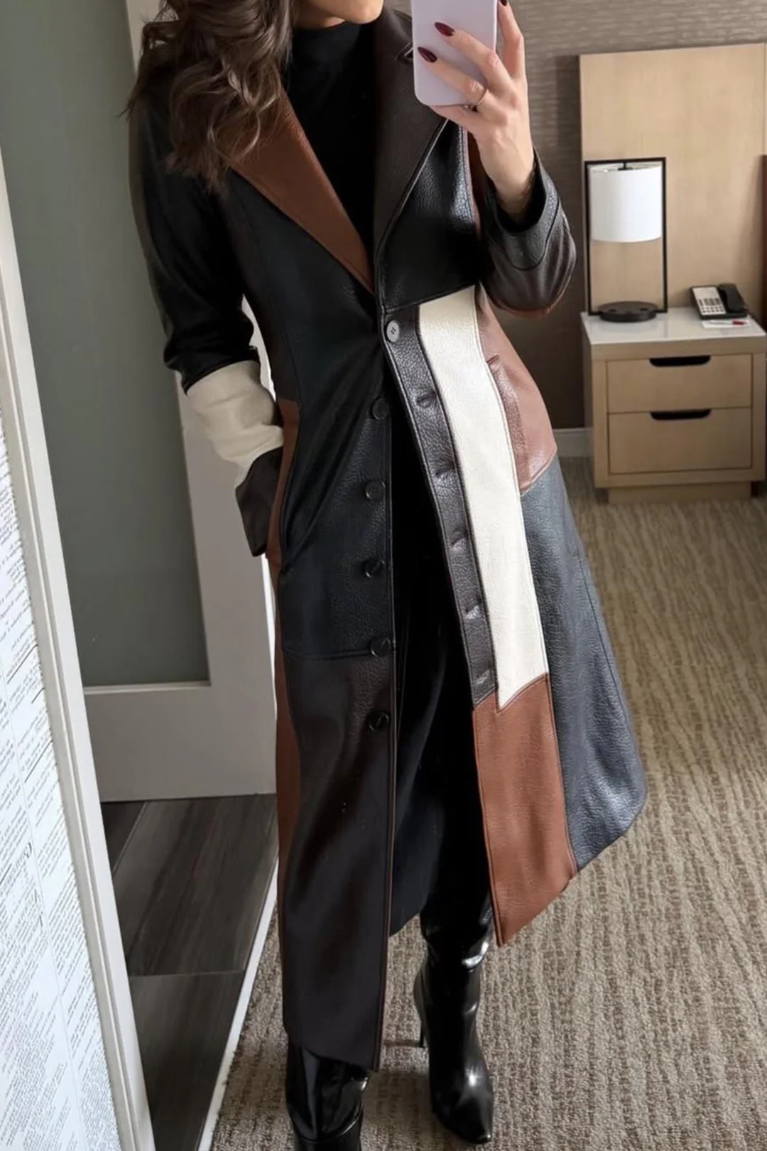 Faux Leather Contrast Notched Lapell Coat