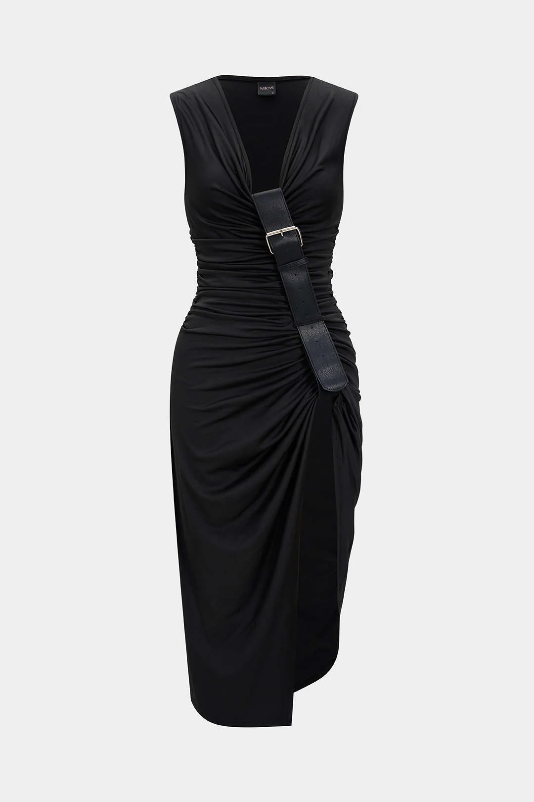 Ruched V-Neck Slit Asymmetrical Sleeveless Midi Dress