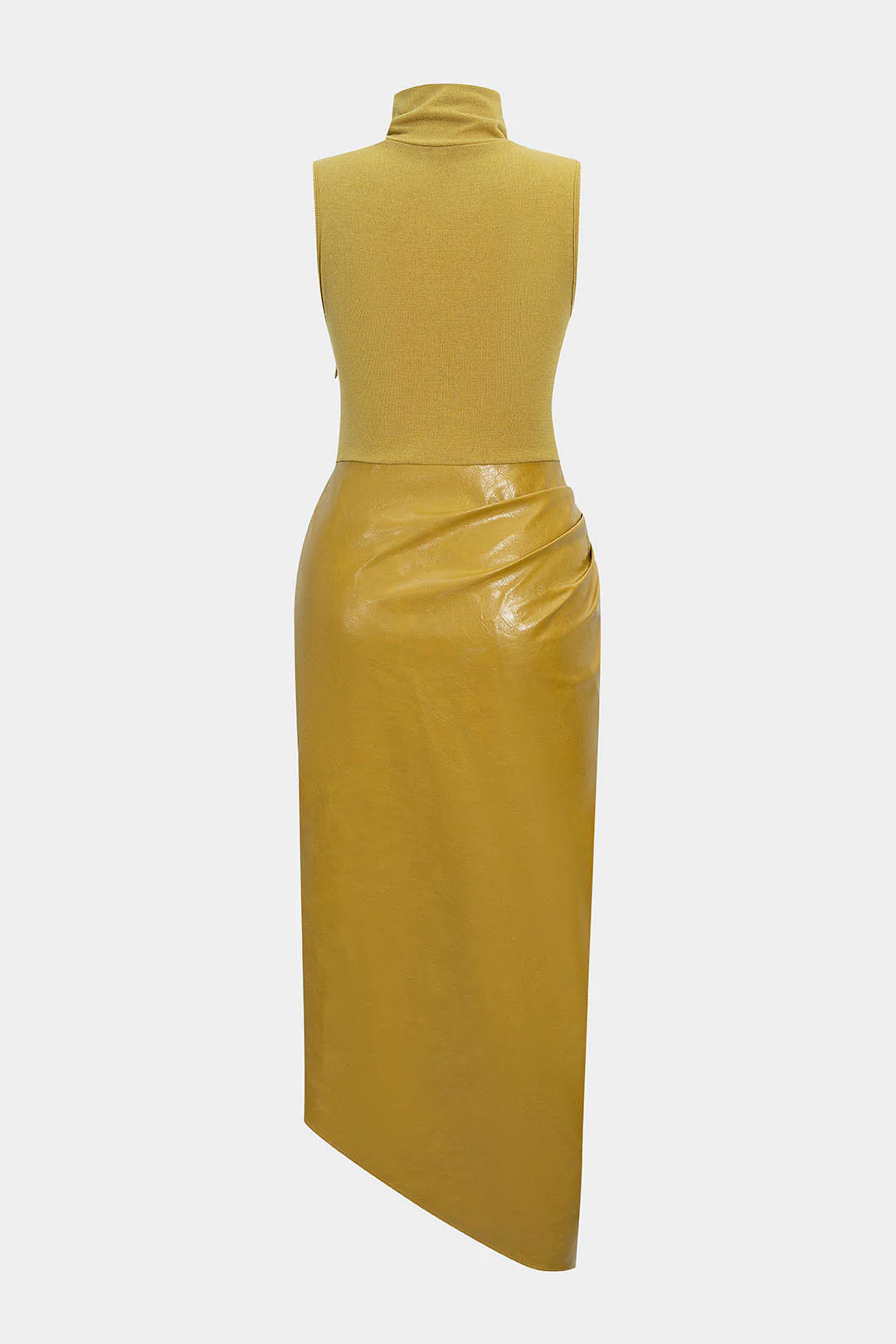 Faux Leather Patchwork High Neck Pleated Sleeveless Maxi Dress - Image 2