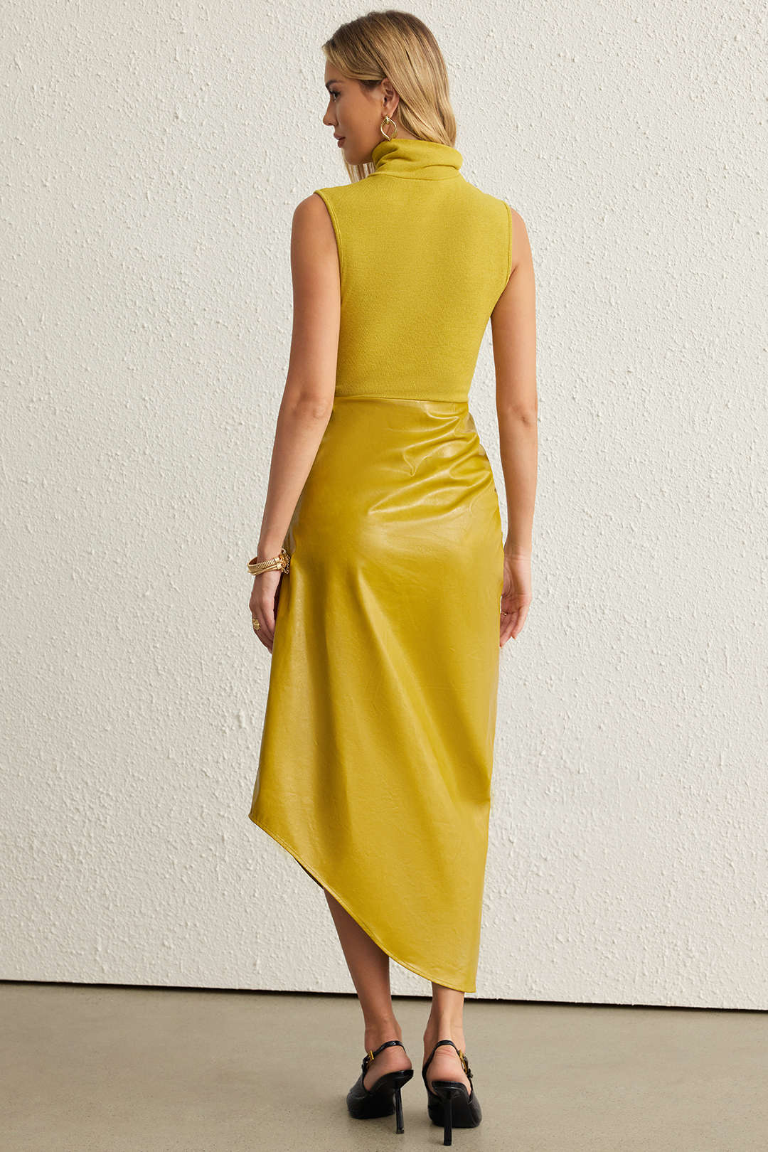 Faux Leather Patchwork High Neck Pleated Sleeveless Maxi Dress - Image 8