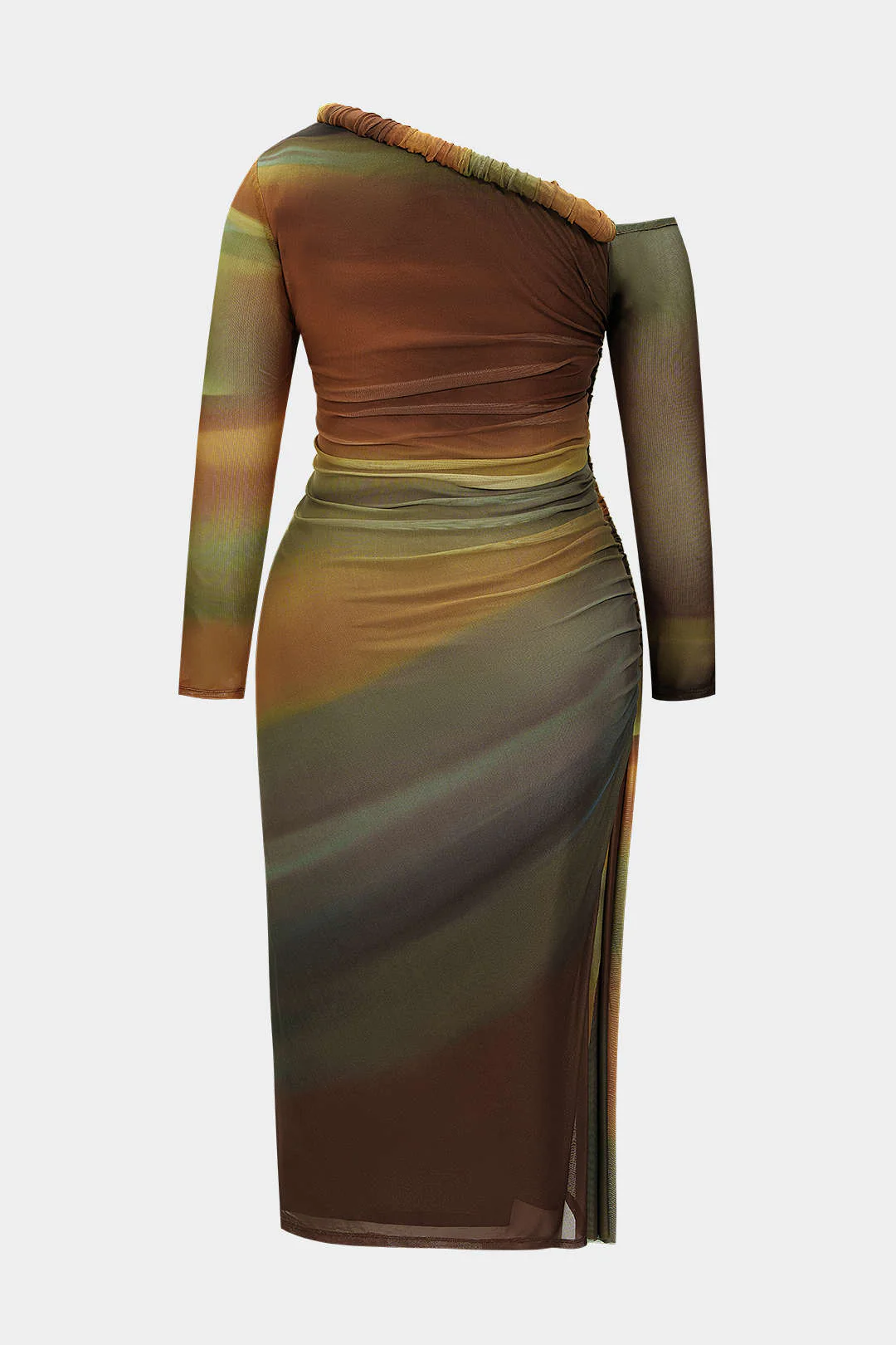 Plus Size Colorblock Print Mesh Ruched Asymmetrical Long Sleeve Midi Dress - Image 2