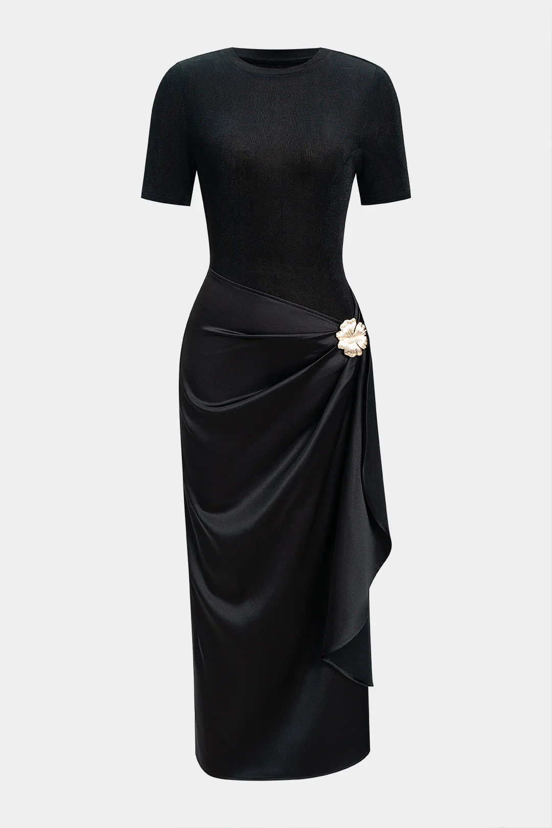 Metallic Decor Ruched Short Sleeve Midi Dress