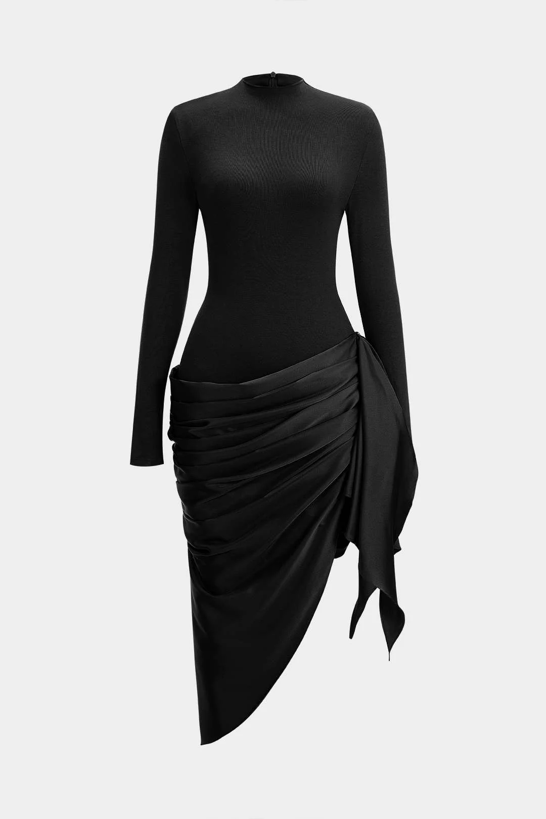 Satin Patchwork Ruched Asymmetrical Long Sleeve Midi Dress - Image 8