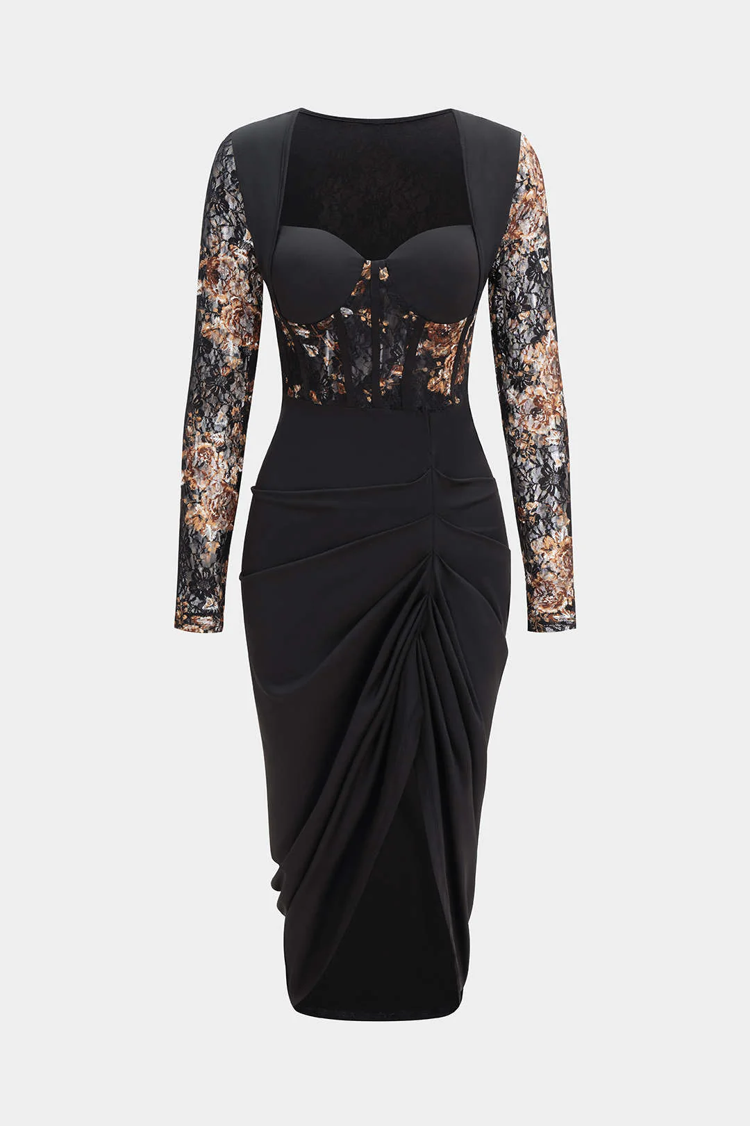 Floral Print Lace Patchwork Long Sleeve Midi Dress