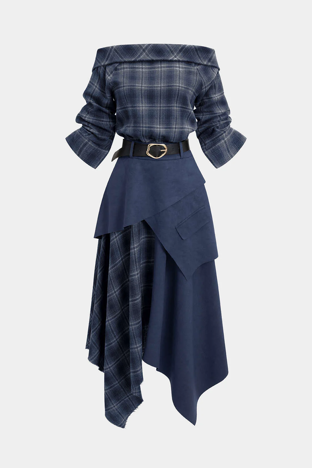 Plaid Print Suede Off Shoulder Zipper Belted Long Sleeve Midi Dress - Image 7
