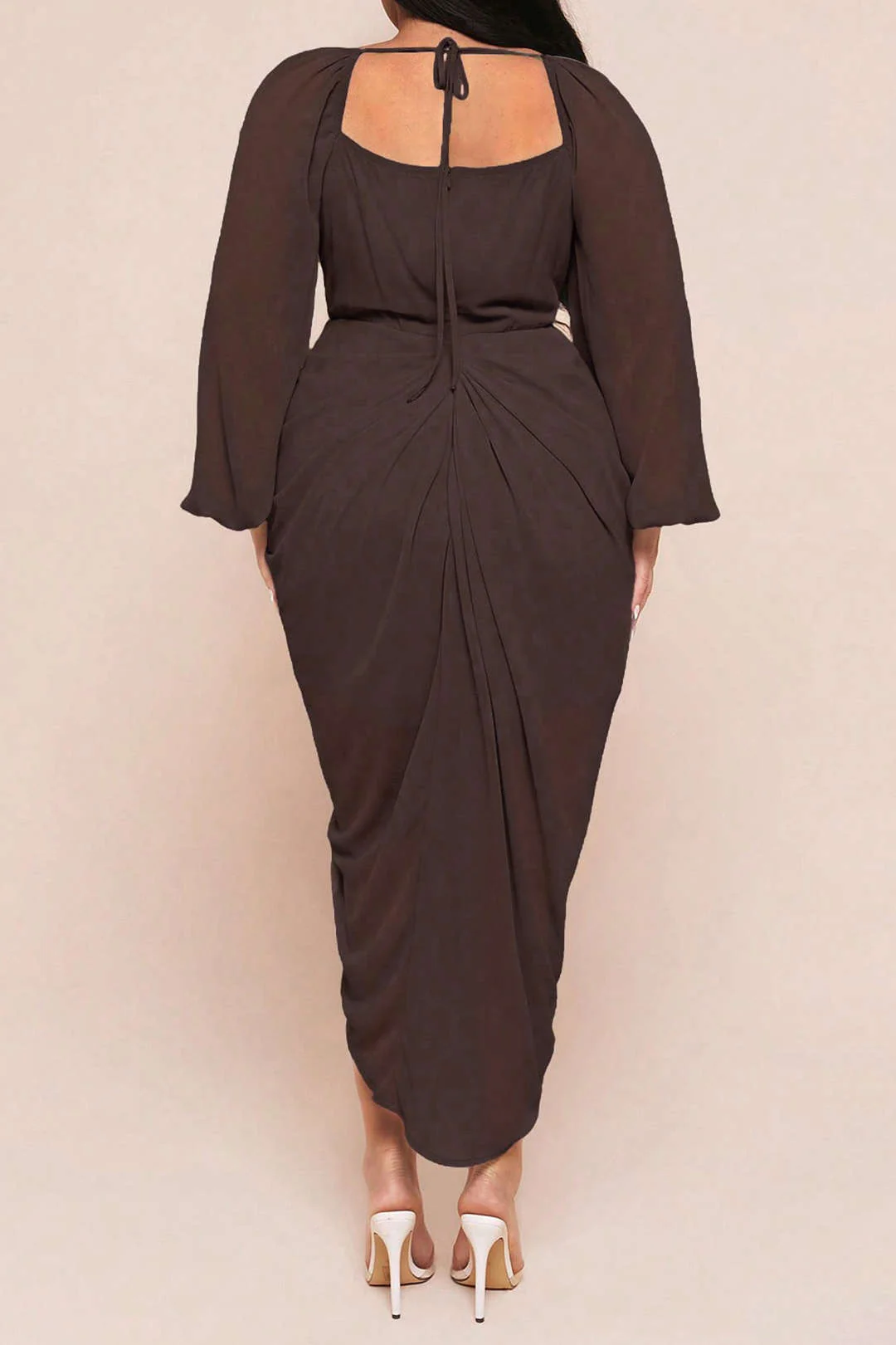 Plus Size Ruched Side Slit Long Sleeve Midi Dress - Image 2