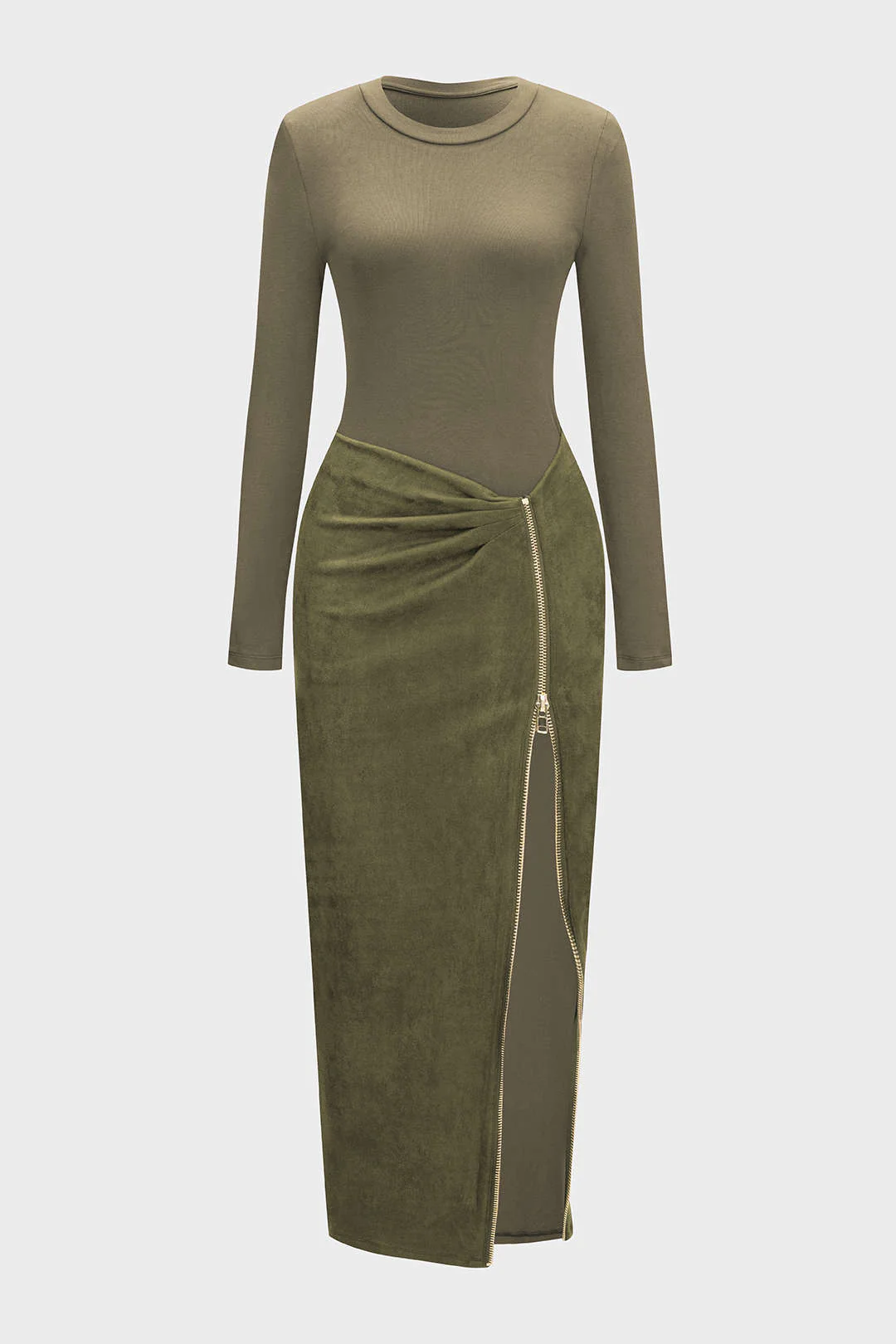 Round Neck Zipper Patchwork Long Sleeve Midi Dress - Image 6