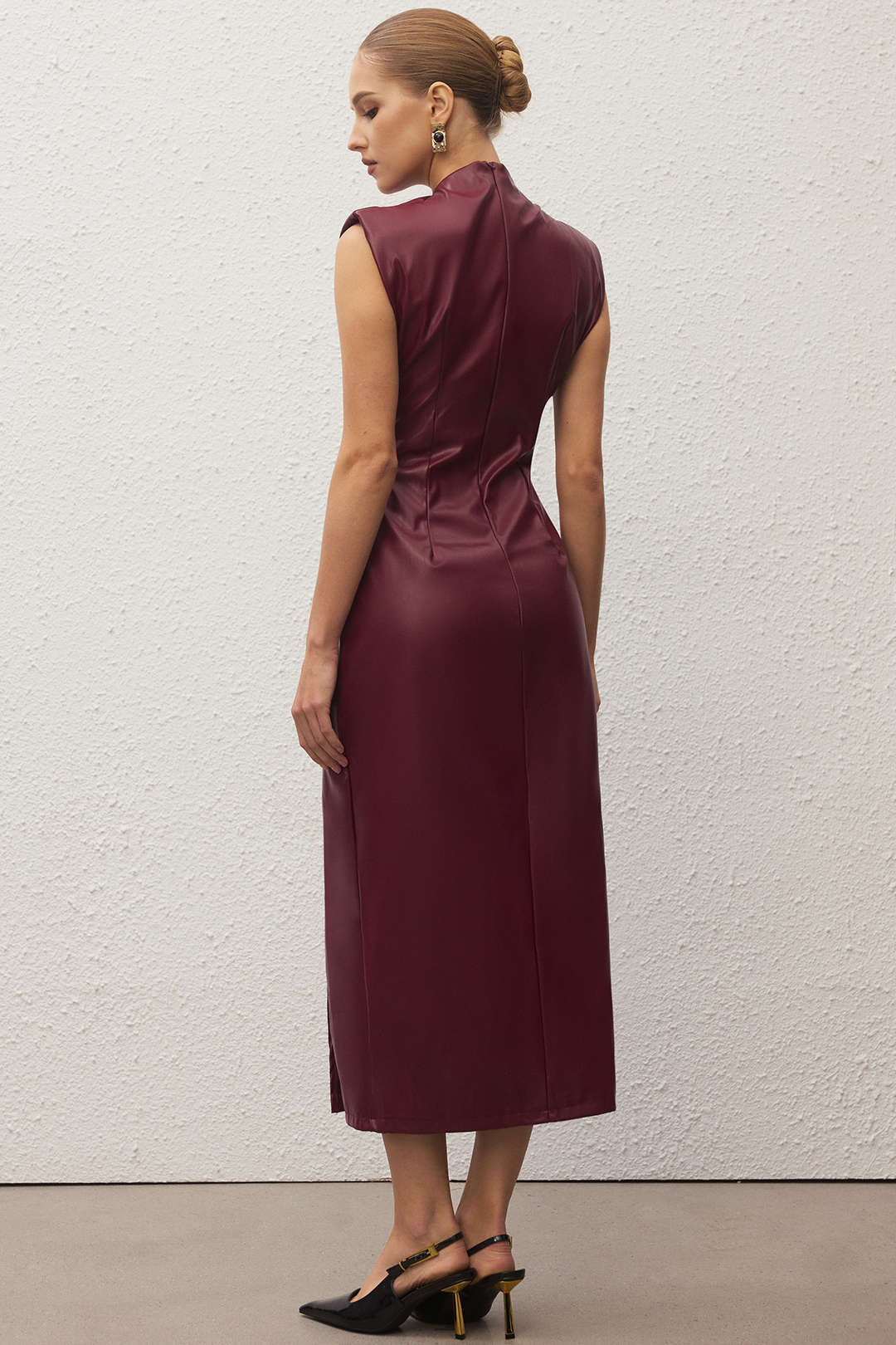 Faux Leather Metallic Decor Ruched Sleeveless Midi Dress - Image 2