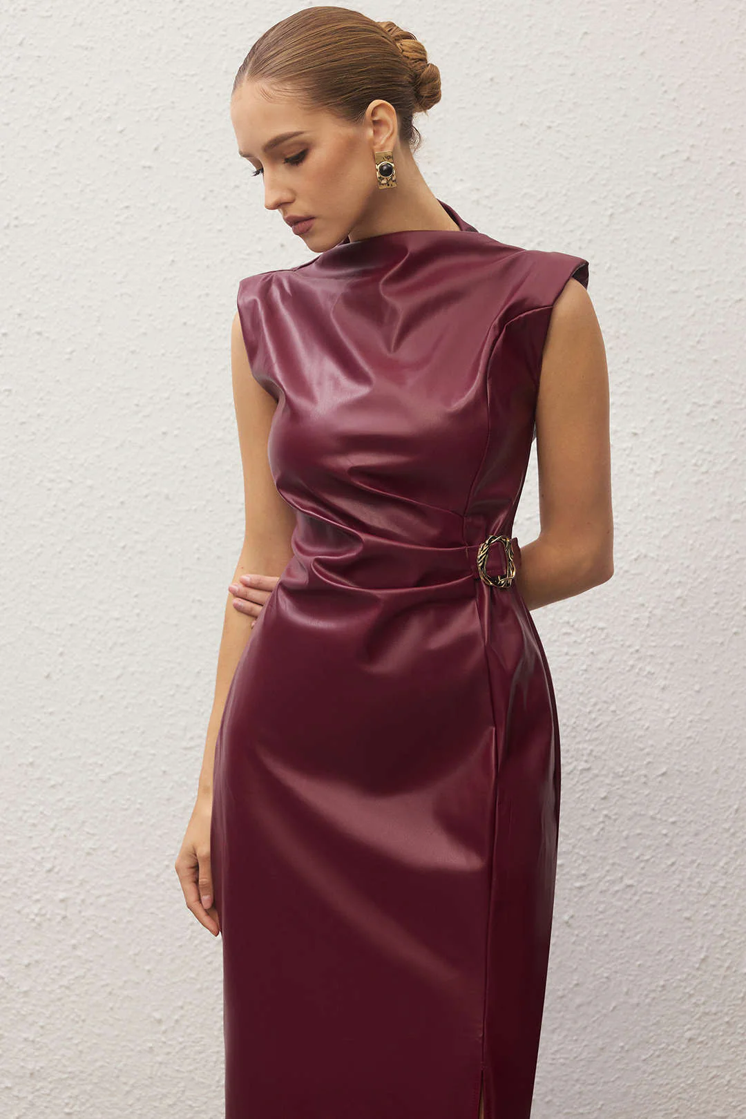 Faux Leather Metallic Decor Ruched Sleeveless Midi Dress - Image 4
