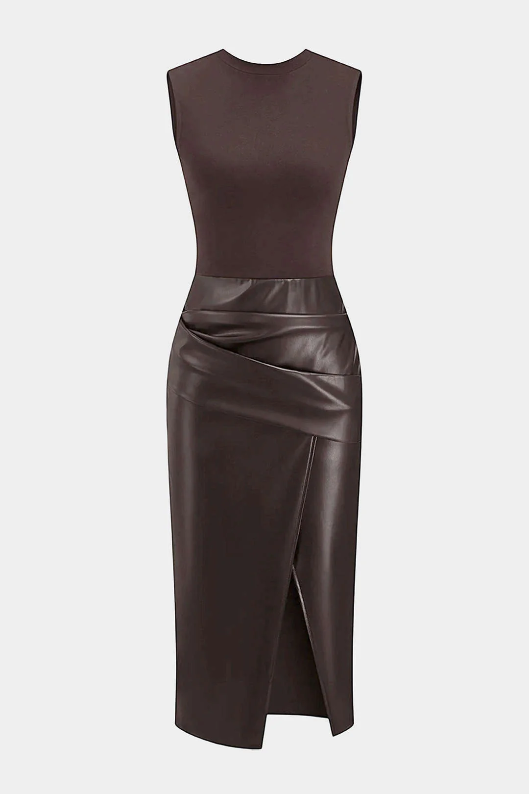 Faux Leather Patchwork Ruched Sleeveless Midi Dress