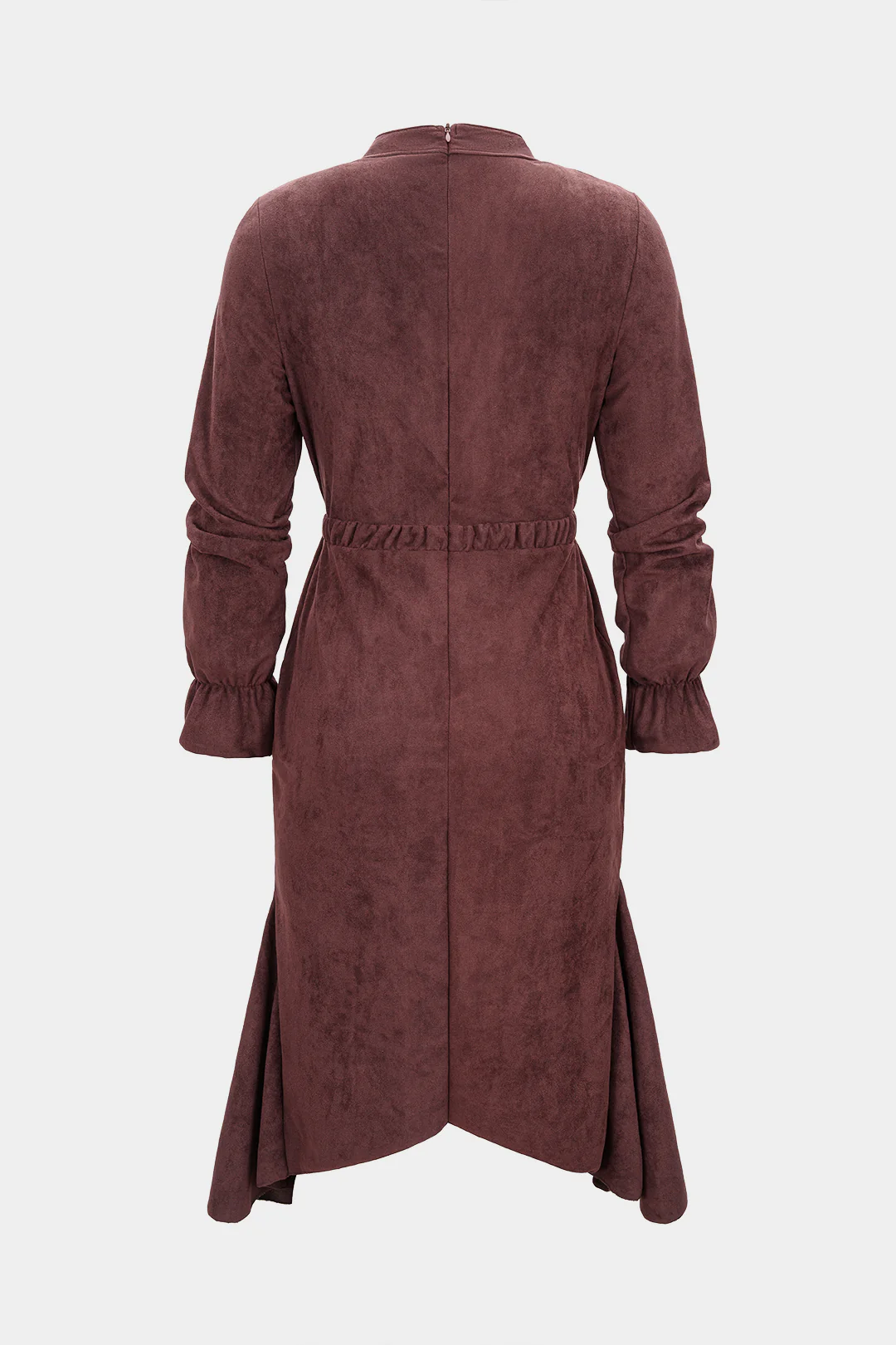 Suede Drawstring Zipper Long Sleeve Midi Dress - Image 2