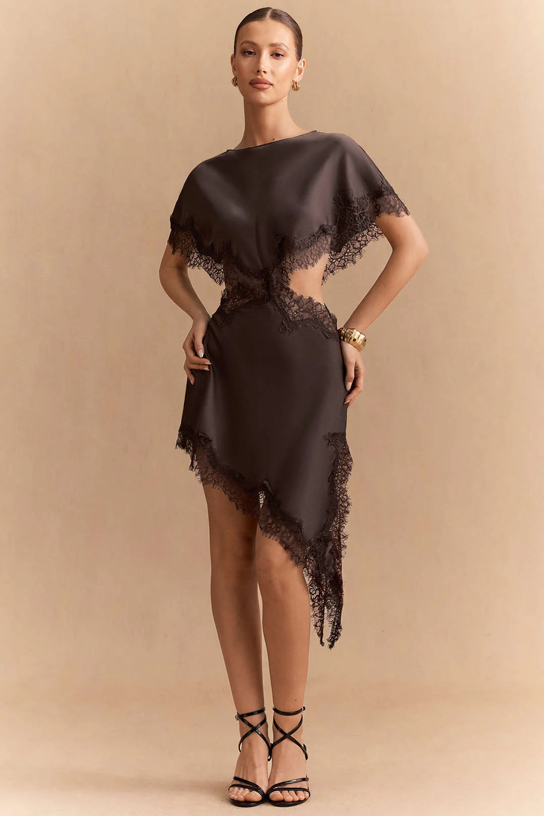 Satin Patchwork Lace Trim Cut Out Short Sleeve Midi Dress