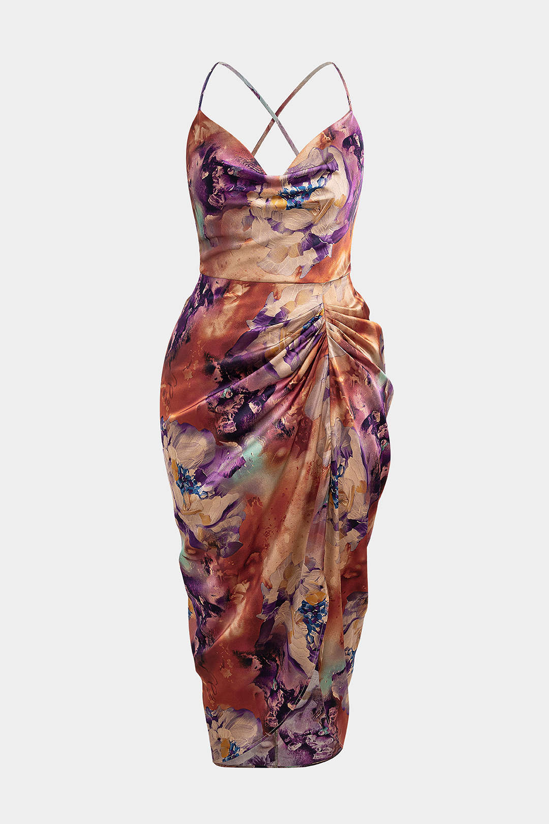 Plus Size Floral Print Satin Draped Cowl Neck Ruched Crossed Sleeveless Midi Dress