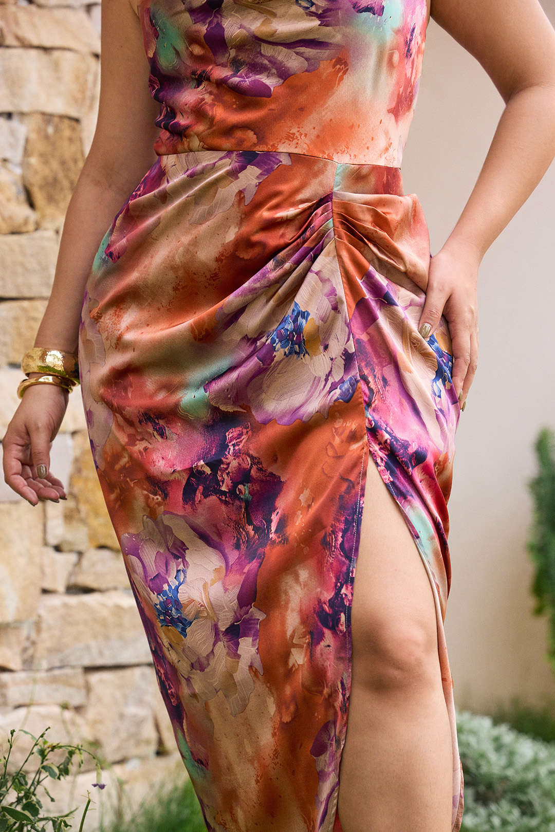 Plus Size Floral Print Satin Draped Cowl Neck Ruched Crossed Sleeveless Midi Dress - Image 6