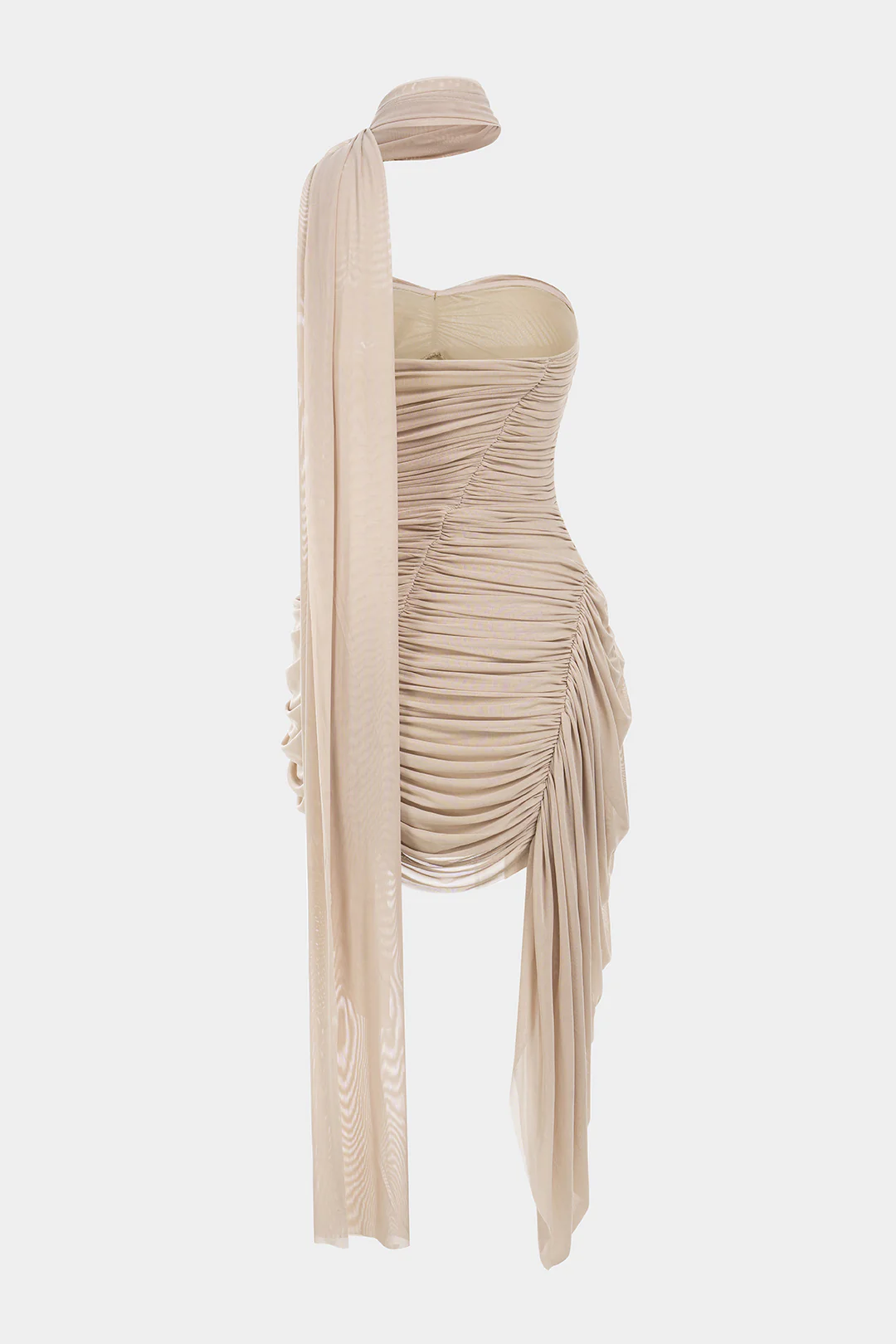 Mesh Patchwork Asymmetrical Ruched Backless Ruched Sleeveless Mini Dress With Scarf - Image 2