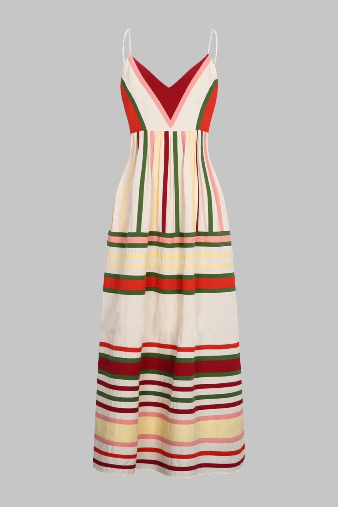 Stripes Print V-Neck Zipper Sleeveless Maxi Dress