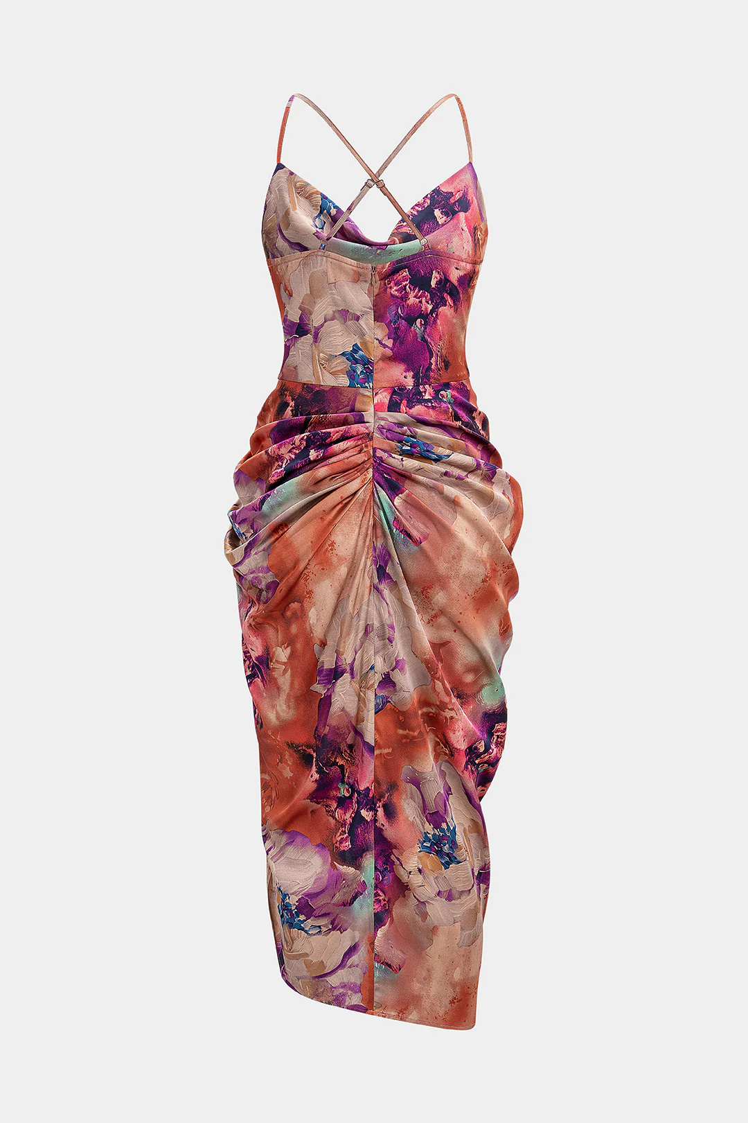 Floral Print Satin Draped Cowl Neck Asymmetrical Ruched Sleeveless Midi Dress - Image 2