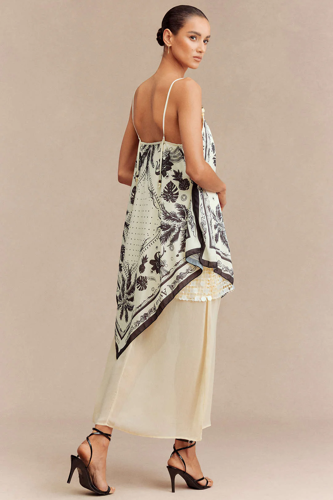 Leaf Print Patchwork Sequin Beaded Sleeveless Midi Dress - Image 2