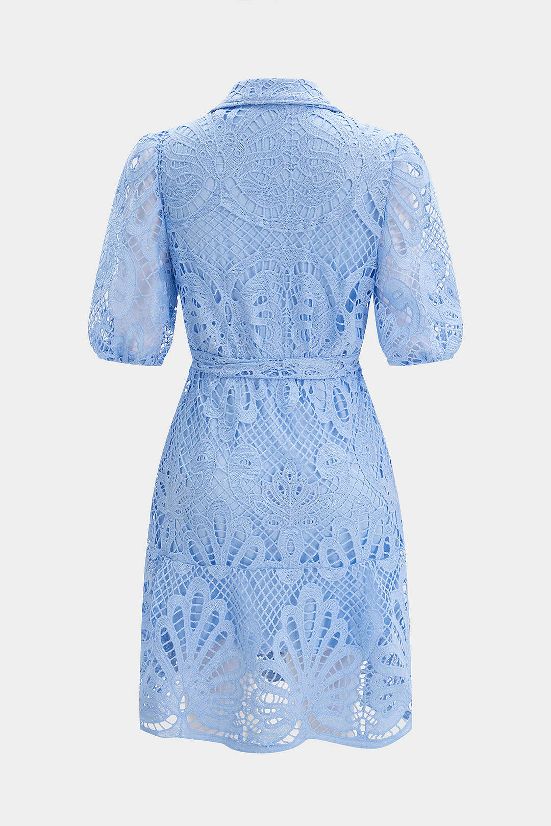 Lapel Lace Hollow Out Button Short Sleeve Midi Dress - Image 2