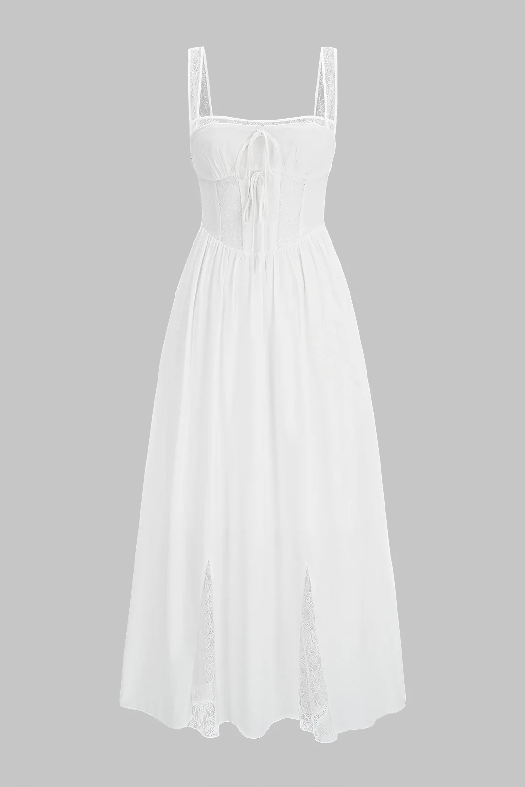 Lace Trim Patchwork Tie Front Ruched Sleeveless Midi Dress - Image 5