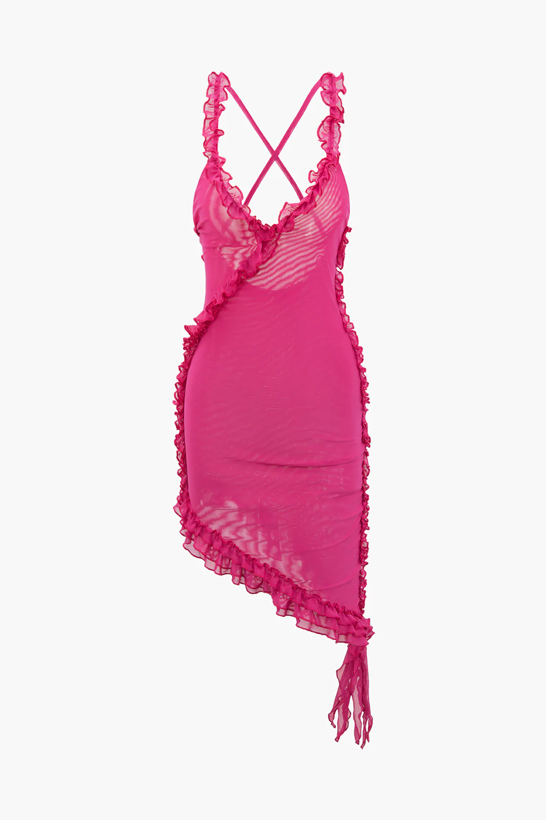 Sheer Mesh Ruffle Trim Asymmetrical Cross Backless Mini Dress - Image 2