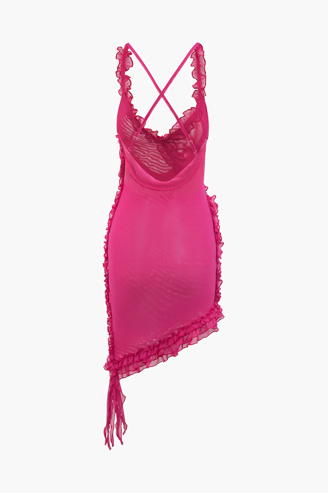 Sheer Mesh Ruffle Trim Asymmetrical Cross Backless Mini Dress - Image 3