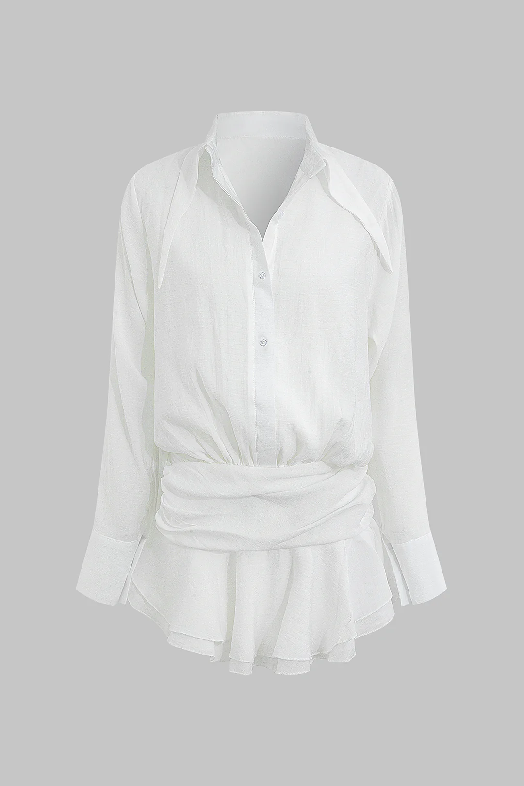 Lapel Ruched Bell Long Sleeve Mini Dress