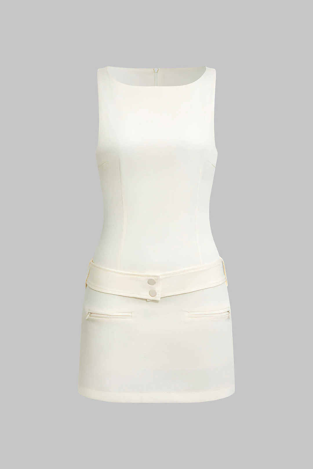 Solid Belted Pocket Zipper Sleeveless Mini Dress