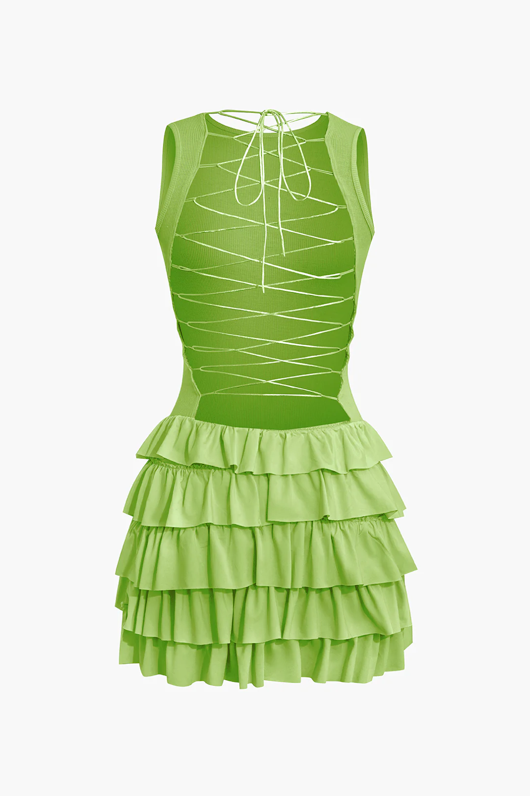 Lace Up Back Sleeveless Ruffle Hem Mini Dress - Image 2