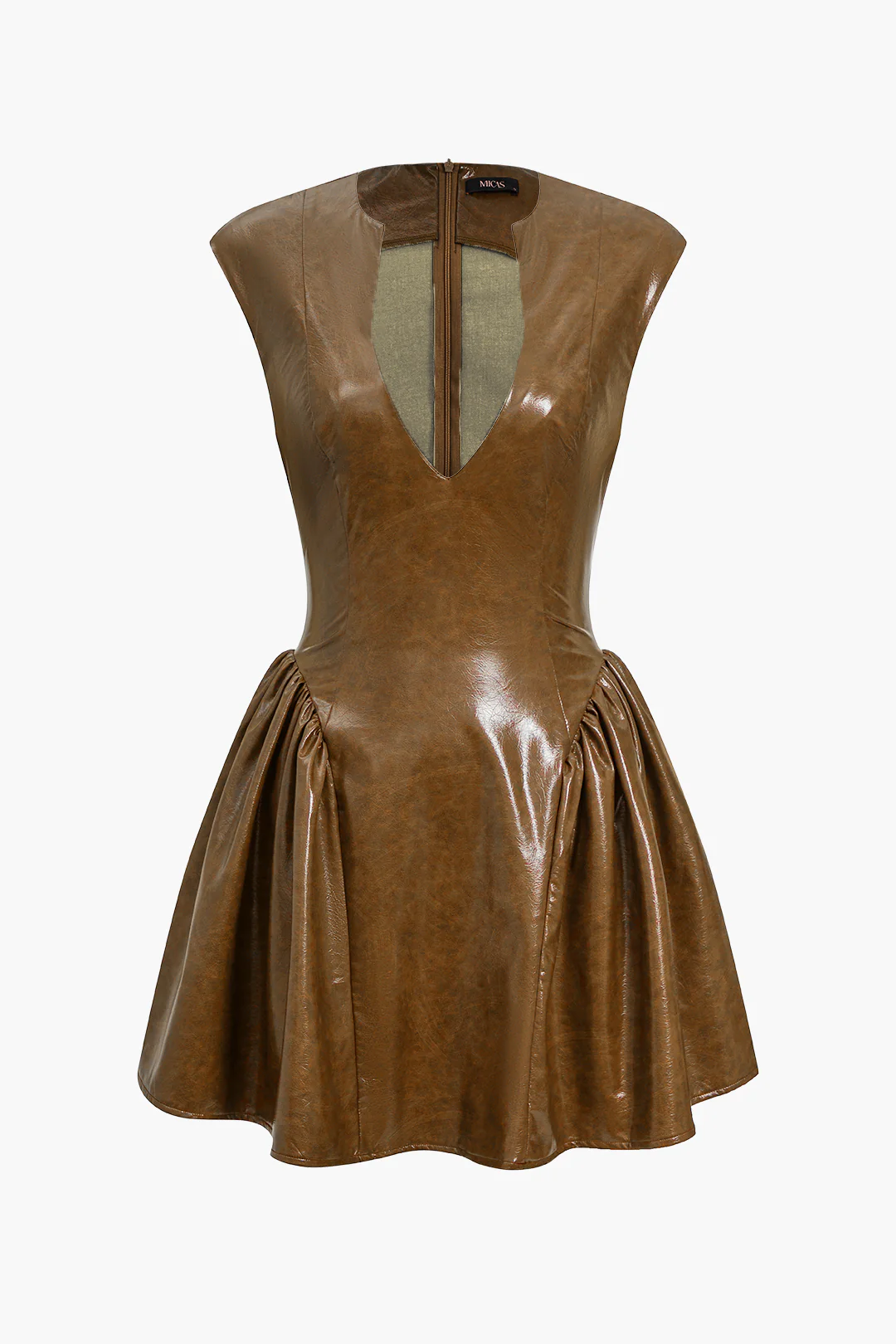 Faux Leather V-neck Ruched Mini Dress - Image 8