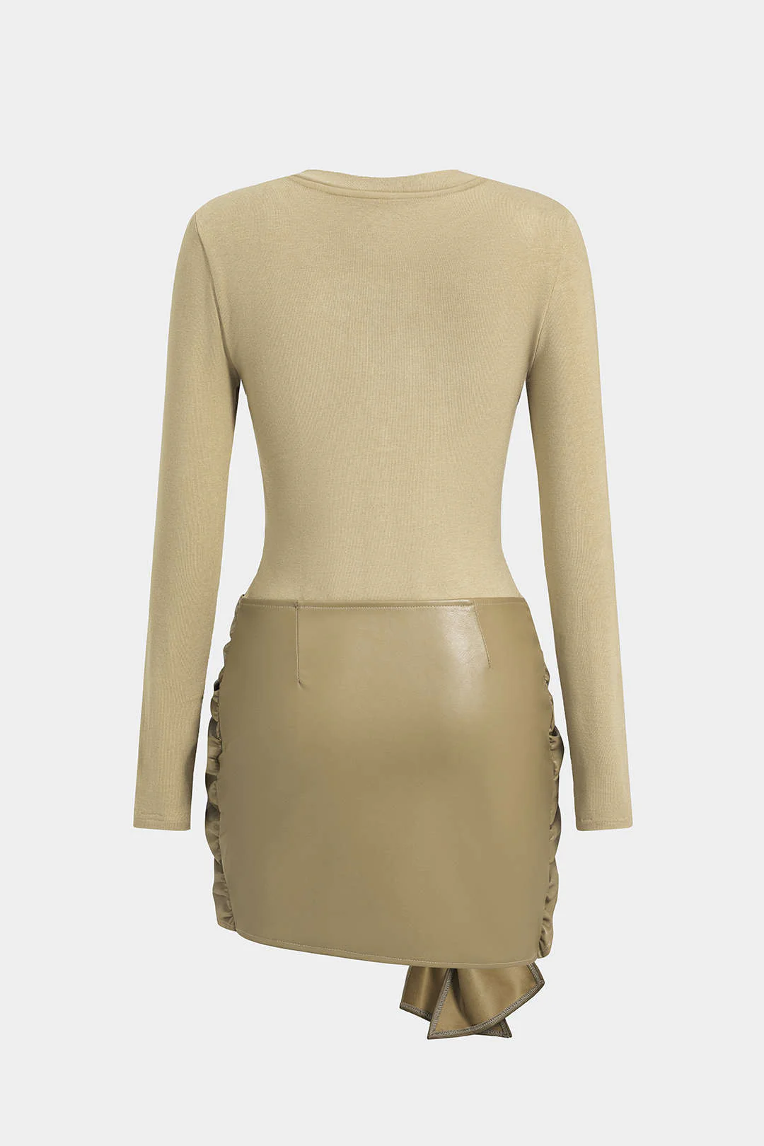 Faux Leather Patchwork Tie Front Round Neck Ruched Mini Dress - Image 10