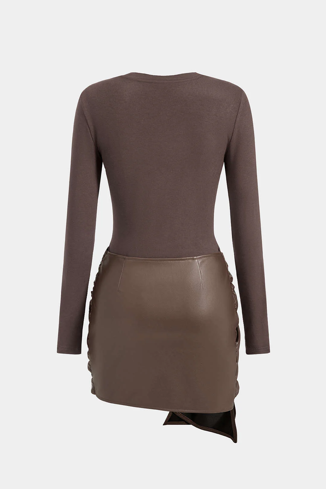 Faux Leather Patchwork Tie Front Round Neck Ruched Mini Dress - Image 13