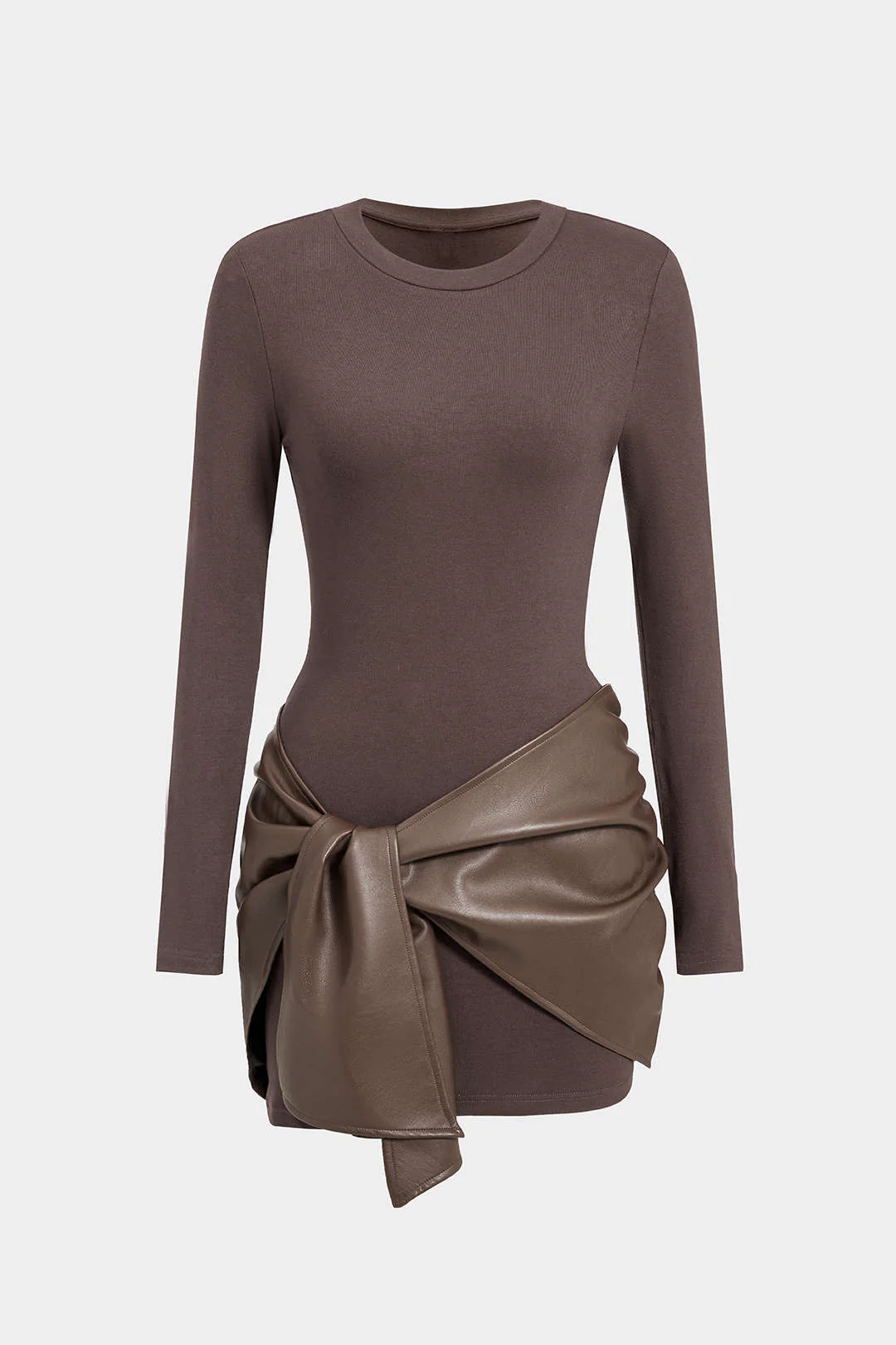 Faux Leather Patchwork Tie Front Round Neck Ruched Mini Dress - Image 14