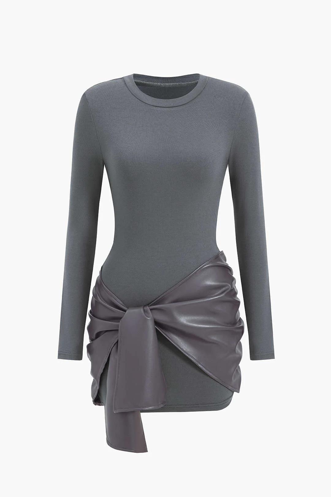 Faux Leather Patchwork Tie Front Round Neck Ruched Mini Dress - Image 17