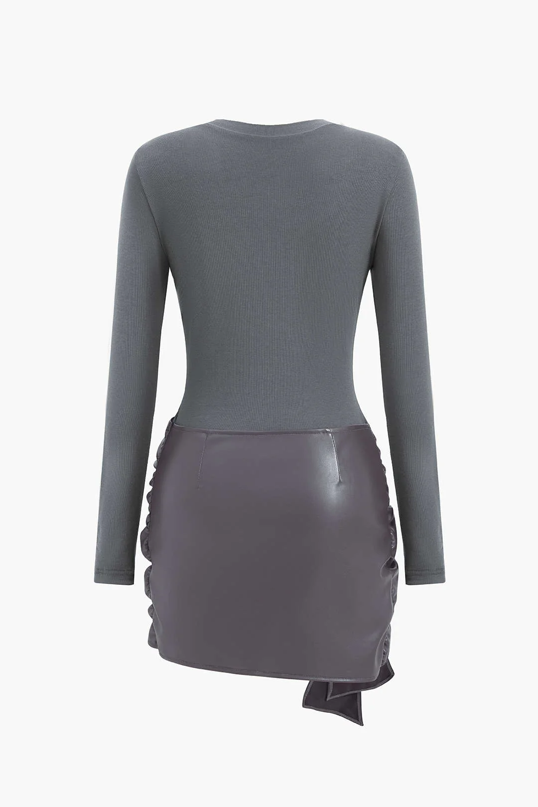 Faux Leather Patchwork Tie Front Round Neck Ruched Mini Dress - Image 18