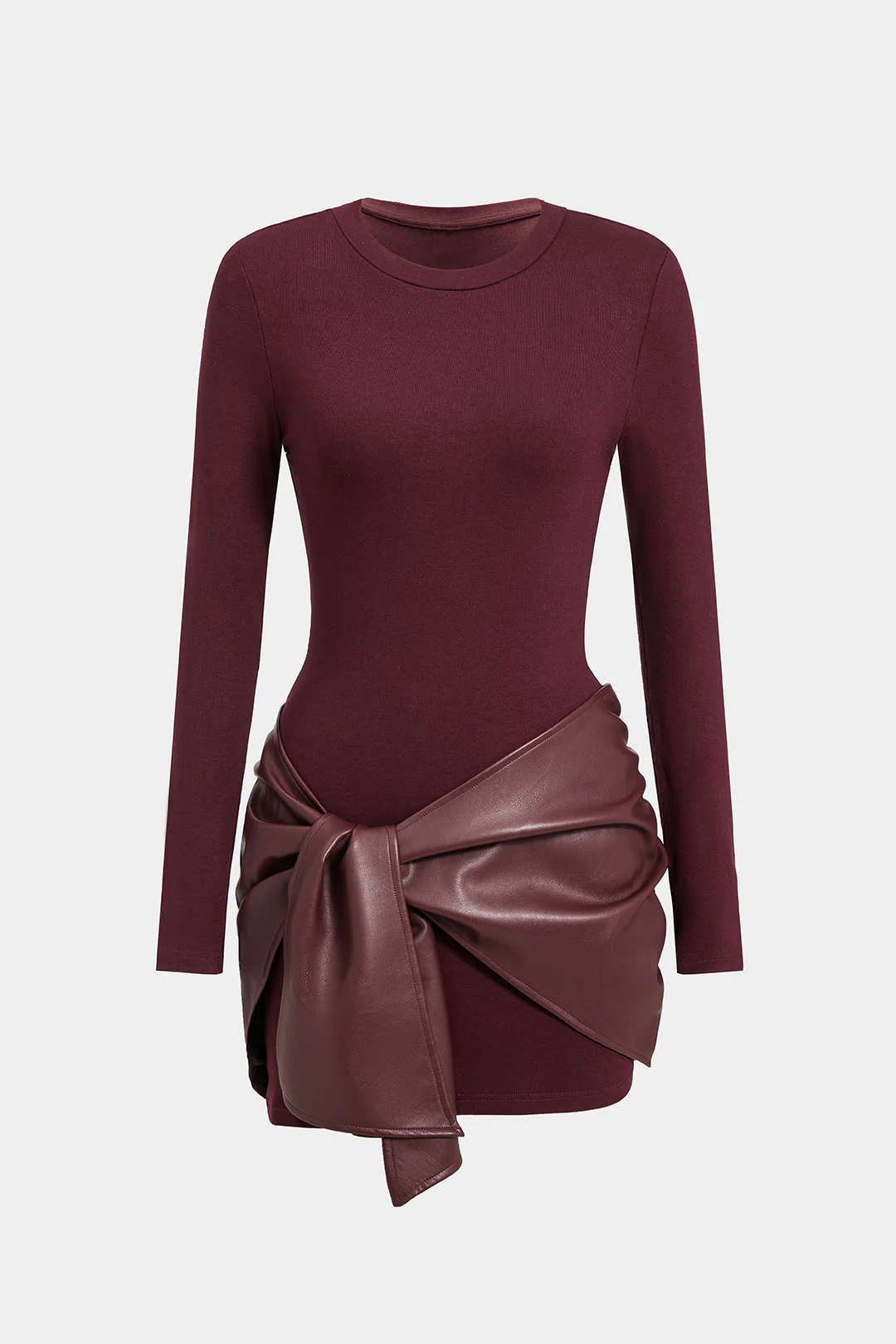 Faux Leather Patchwork Tie Front Round Neck Ruched Mini Dress - Image 5