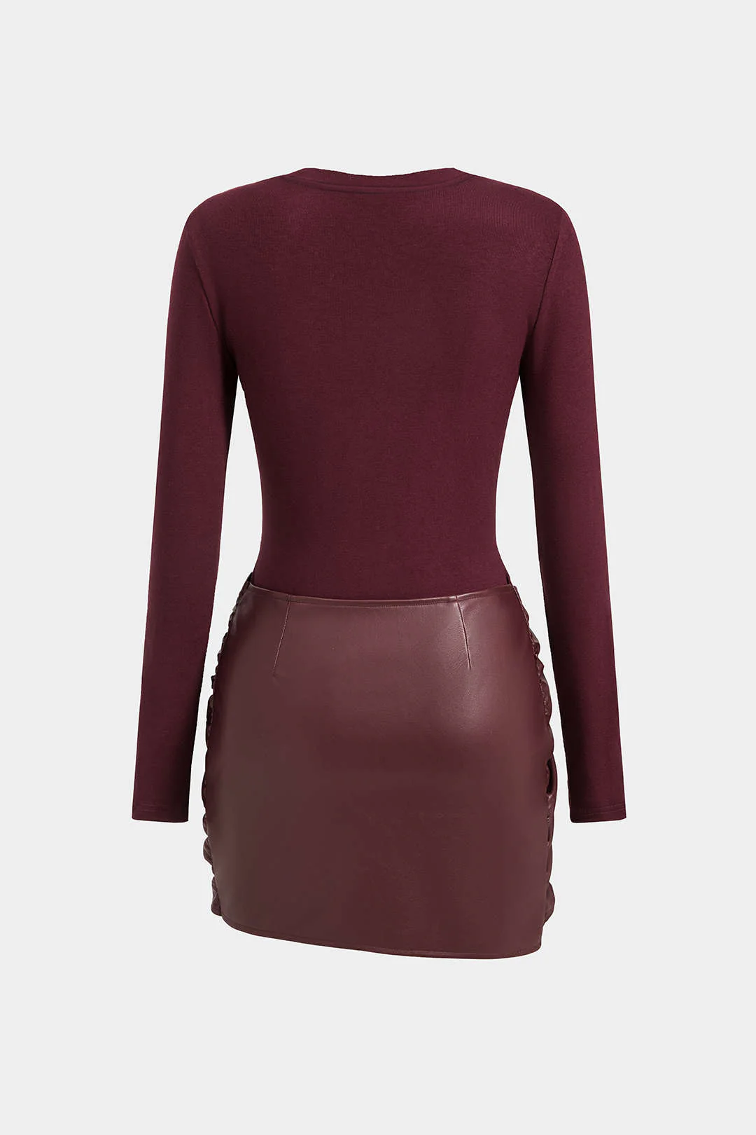 Faux Leather Patchwork Tie Front Round Neck Ruched Mini Dress - Image 6