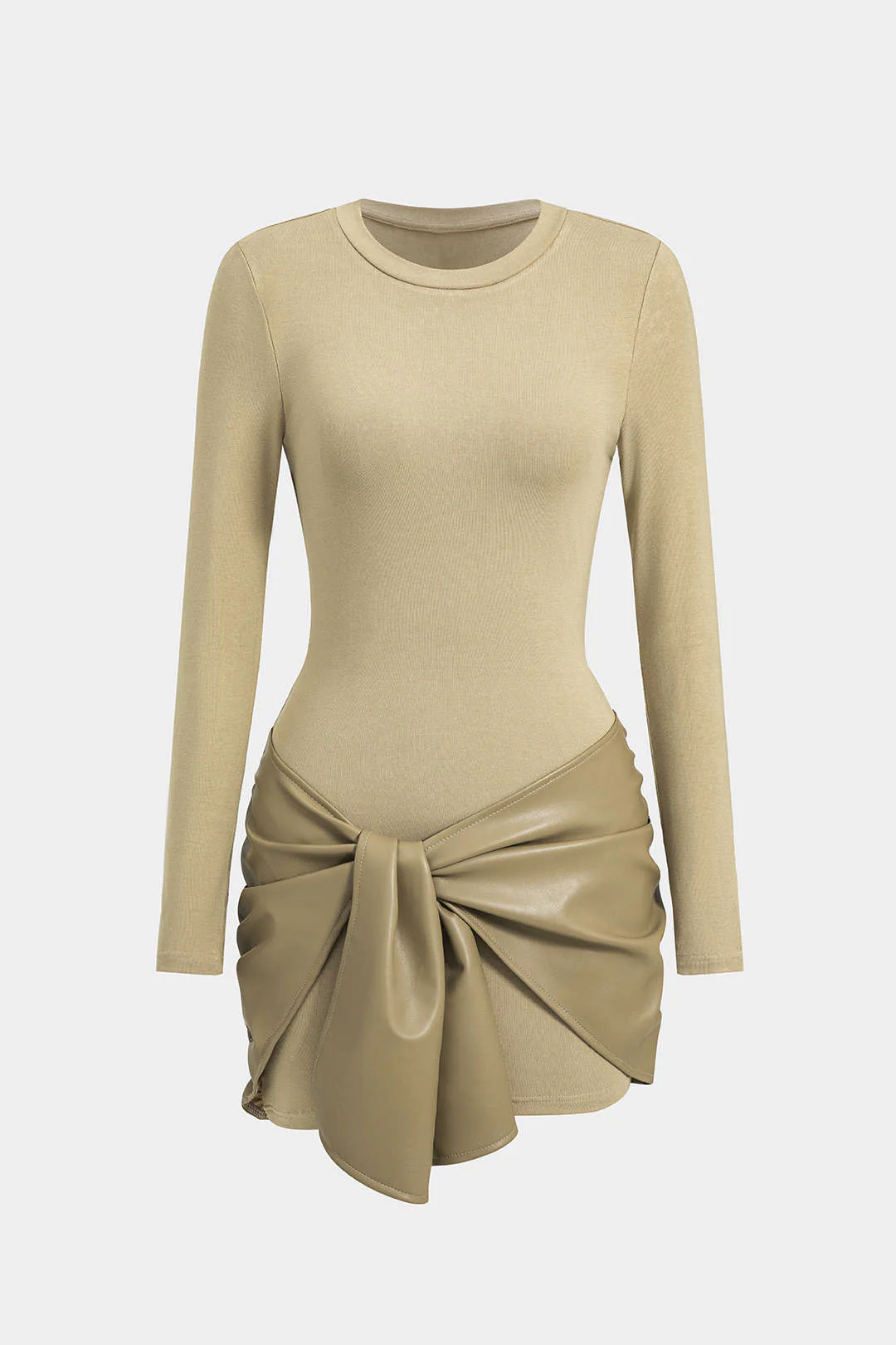 Faux Leather Patchwork Tie Front Round Neck Ruched Mini Dress - Image 9